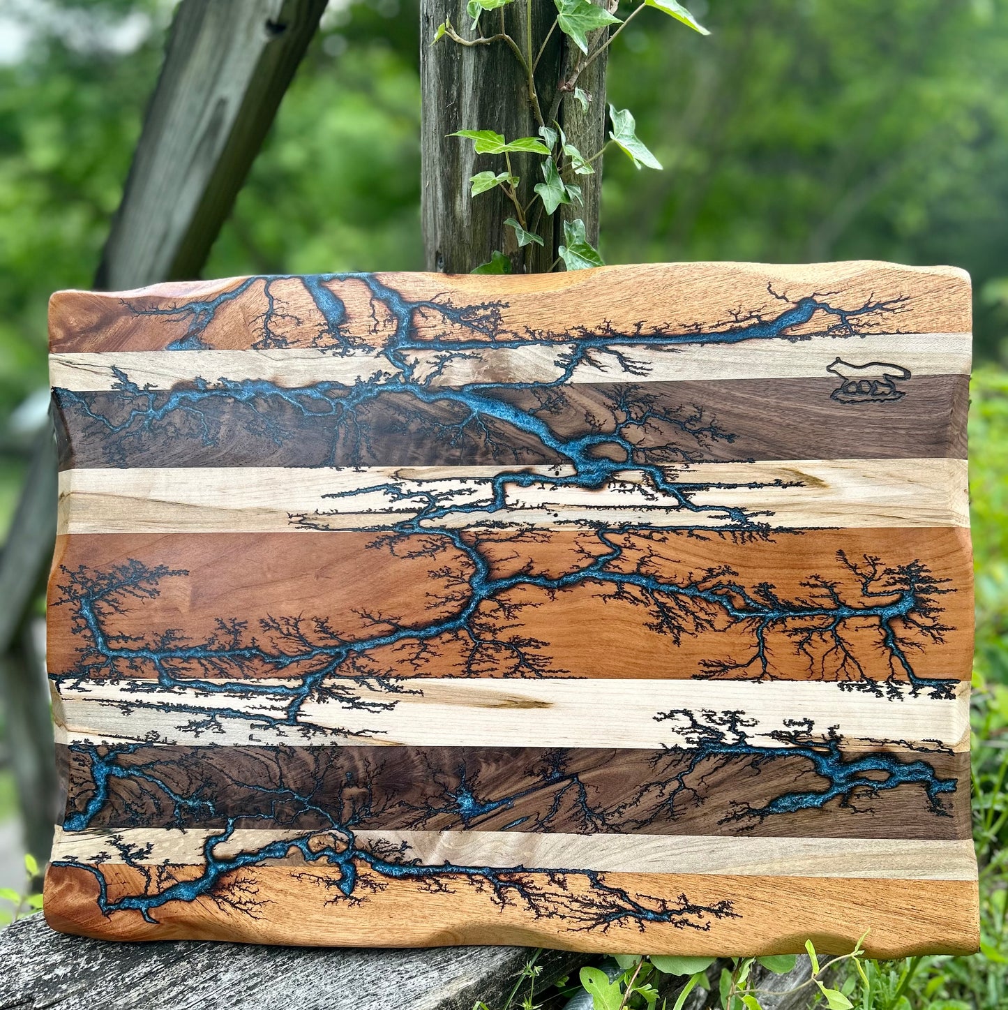 Charcuterie Board- Walnut, Cherry, Maple, Mahogany Fractal Burnt filled with Blue Eopxy