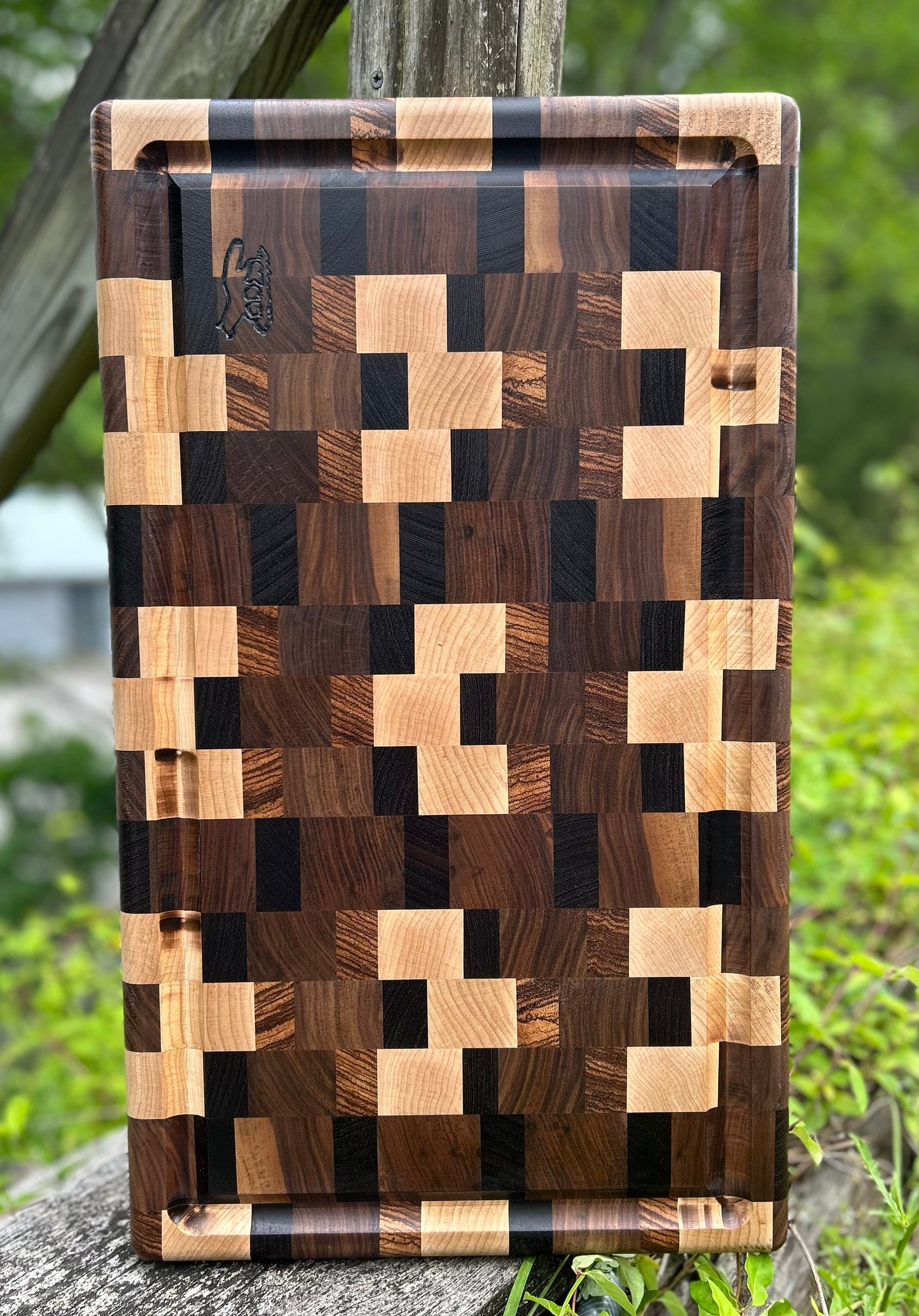 Cutting Board- Dark Exotic Woods End Grain with Walnut, Zebra, Wenge, and Maple Woods with Blood Trail