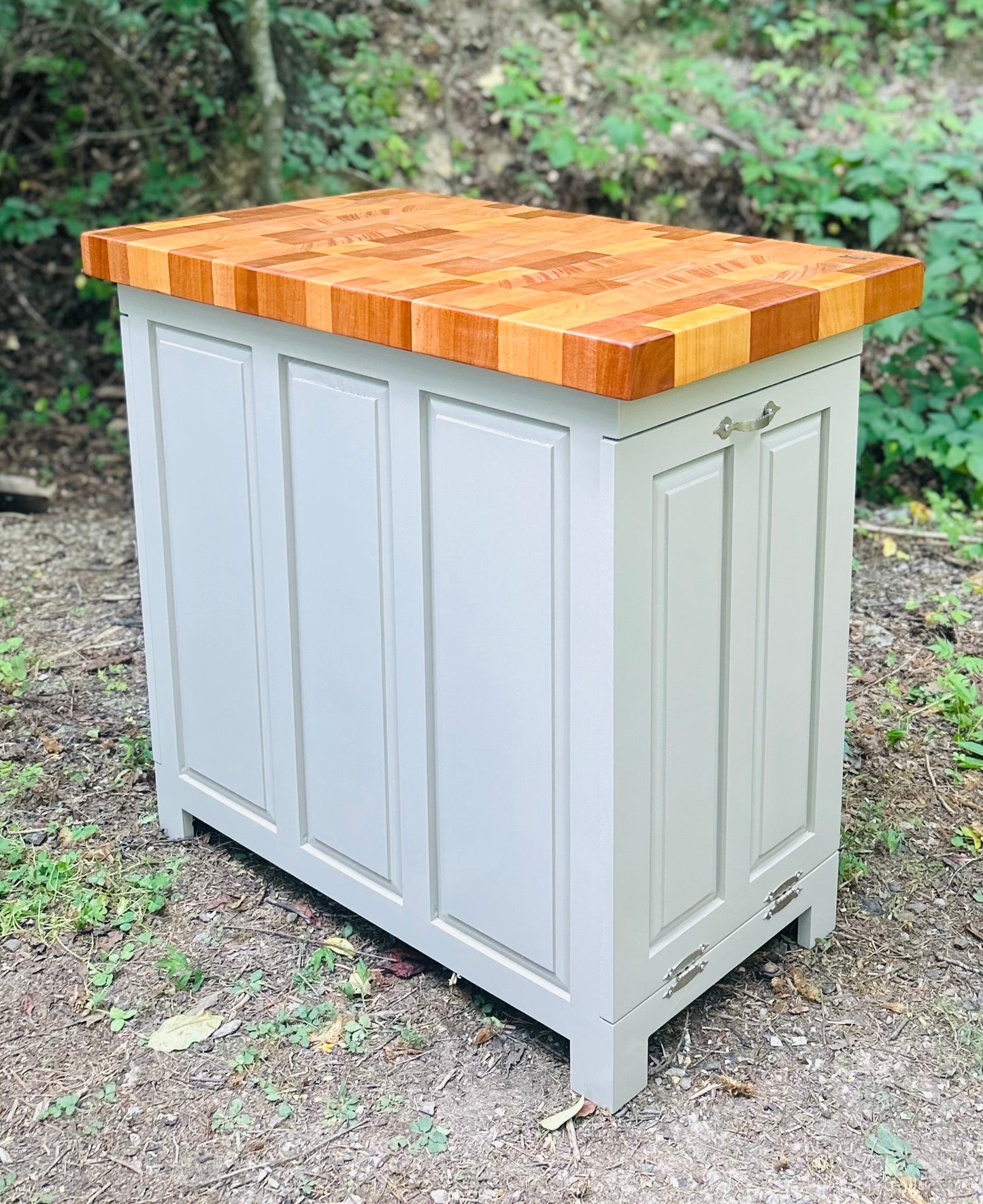 Triple Trash and Recycle kitchen island with end grain butcher block top, slide out trash and recycle, tilt out trash bin