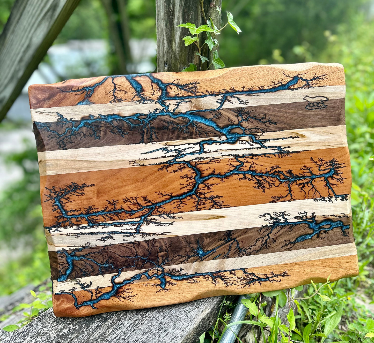 Charcuterie Board- Walnut, Cherry, Maple, Mahogany Fractal Burnt filled with Blue Eopxy