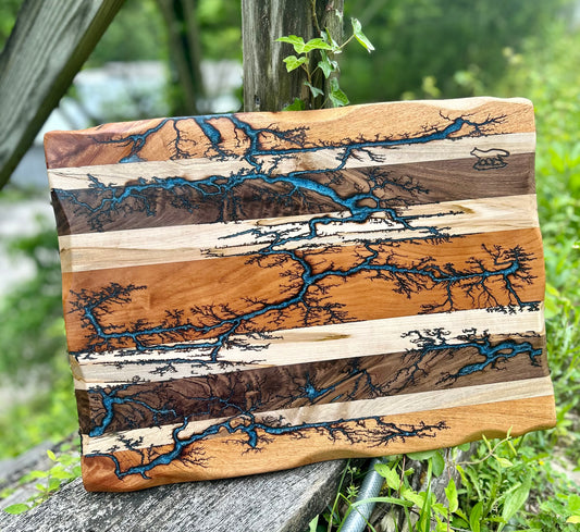Charcuterie Board- Walnut, Cherry, Maple, Mahogany Fractal Burnt filled with Blue Eopxy
