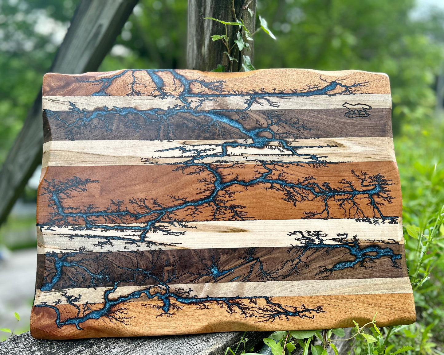 Charcuterie Board- Walnut, Cherry, Maple, Mahogany Fractal Burnt filled with Blue Eopxy