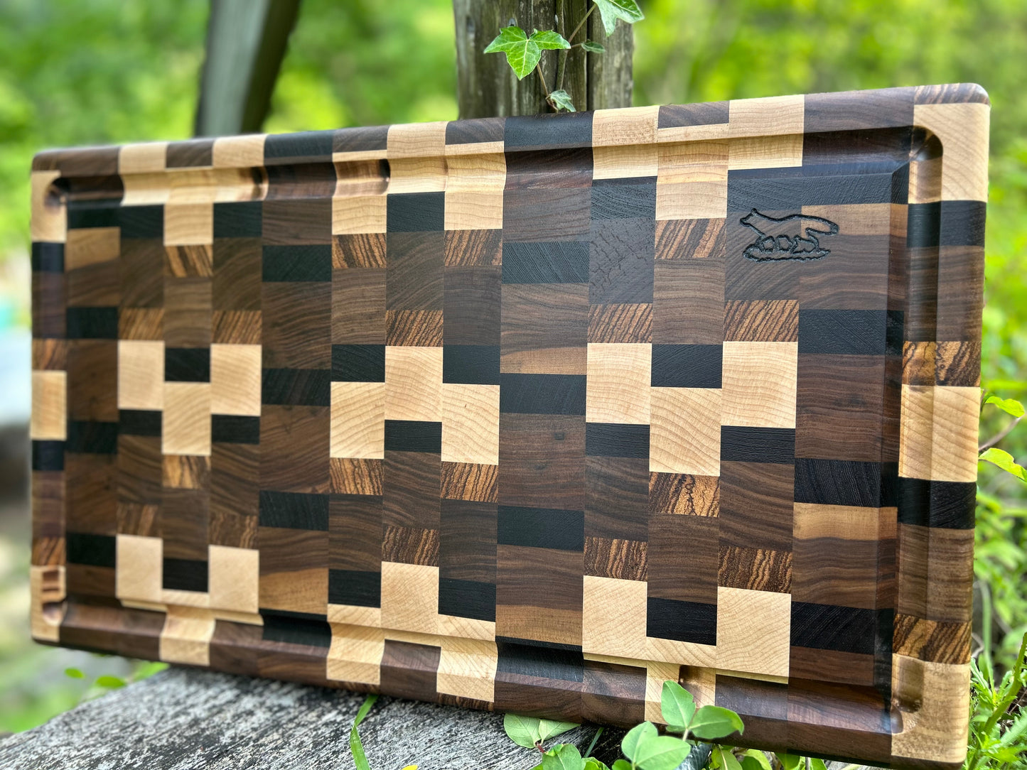 Cutting Board- Dark Exotic Woods End Grain with Walnut, Zebra, Wenge, and Maple Woods with Blood Trail