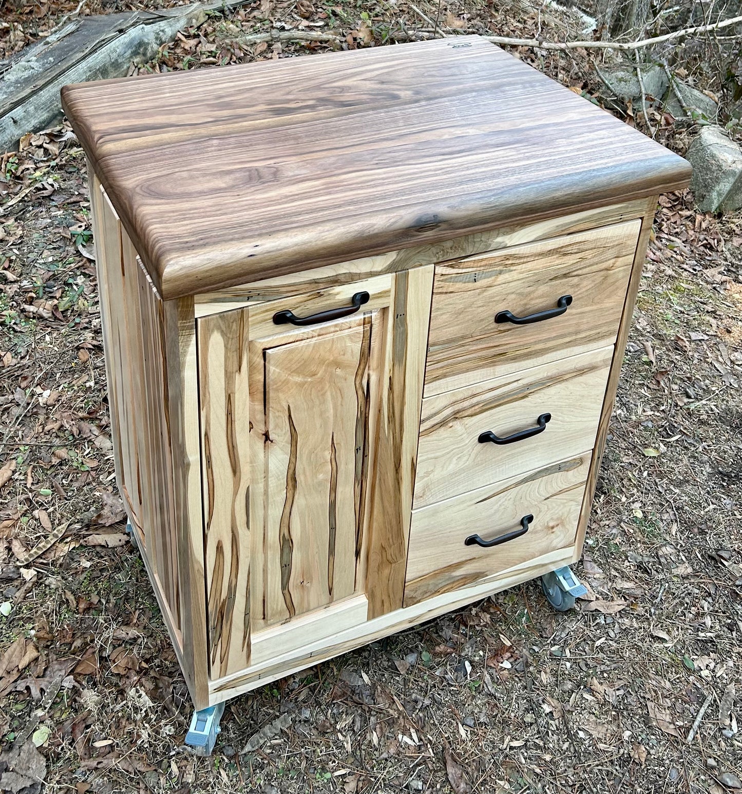 Ambrosia Maple Small Mobile Kitchen Island with Walnut Butcher Block