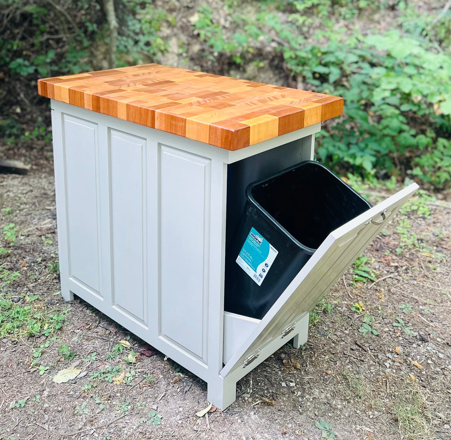 Triple Trash and Recycle kitchen island with end grain butcher block top, slide out trash and recycle, tilt out trash bin