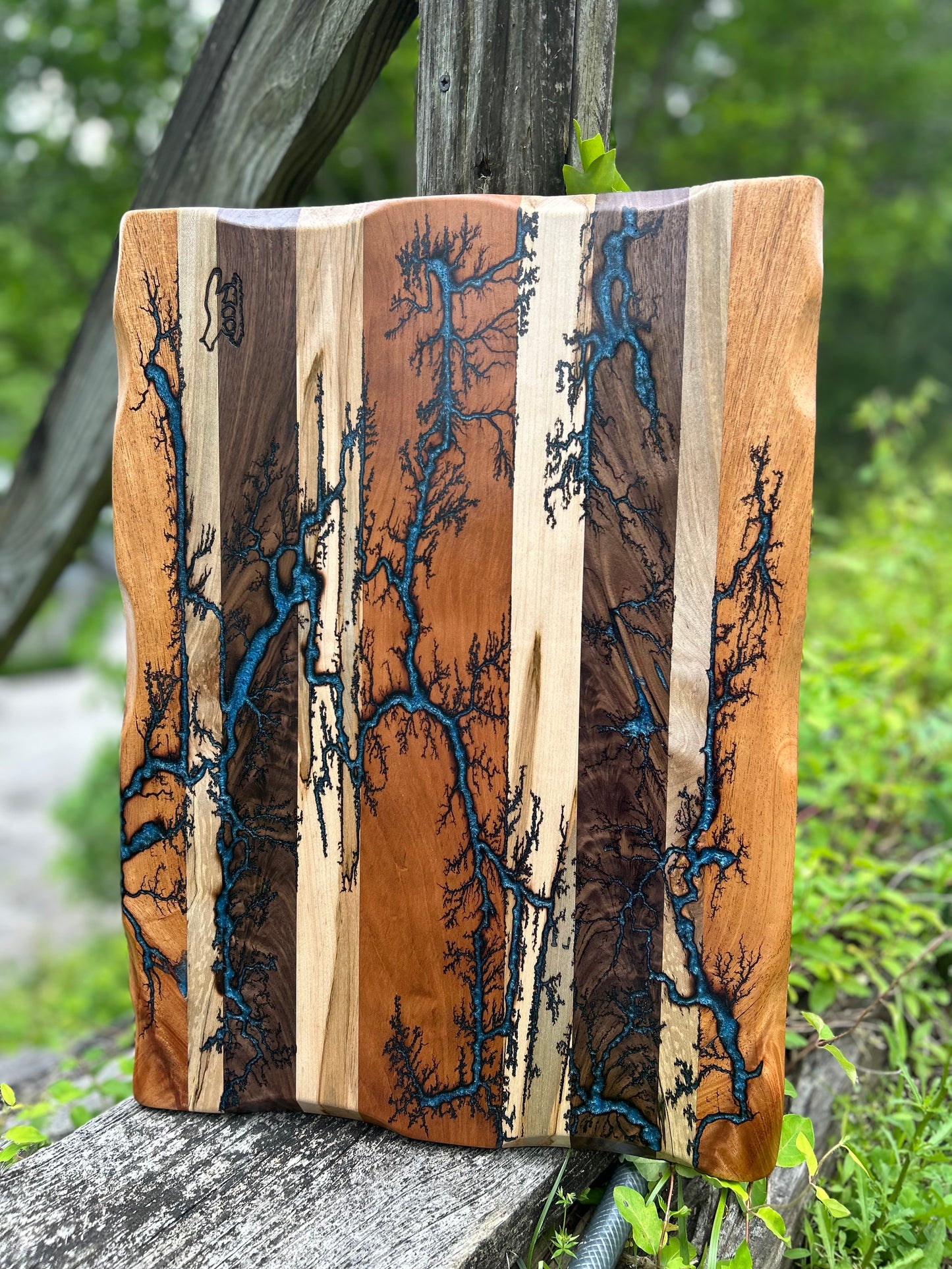 Charcuterie Board- Walnut, Cherry, Maple, Mahogany Fractal Burnt filled with Blue Eopxy