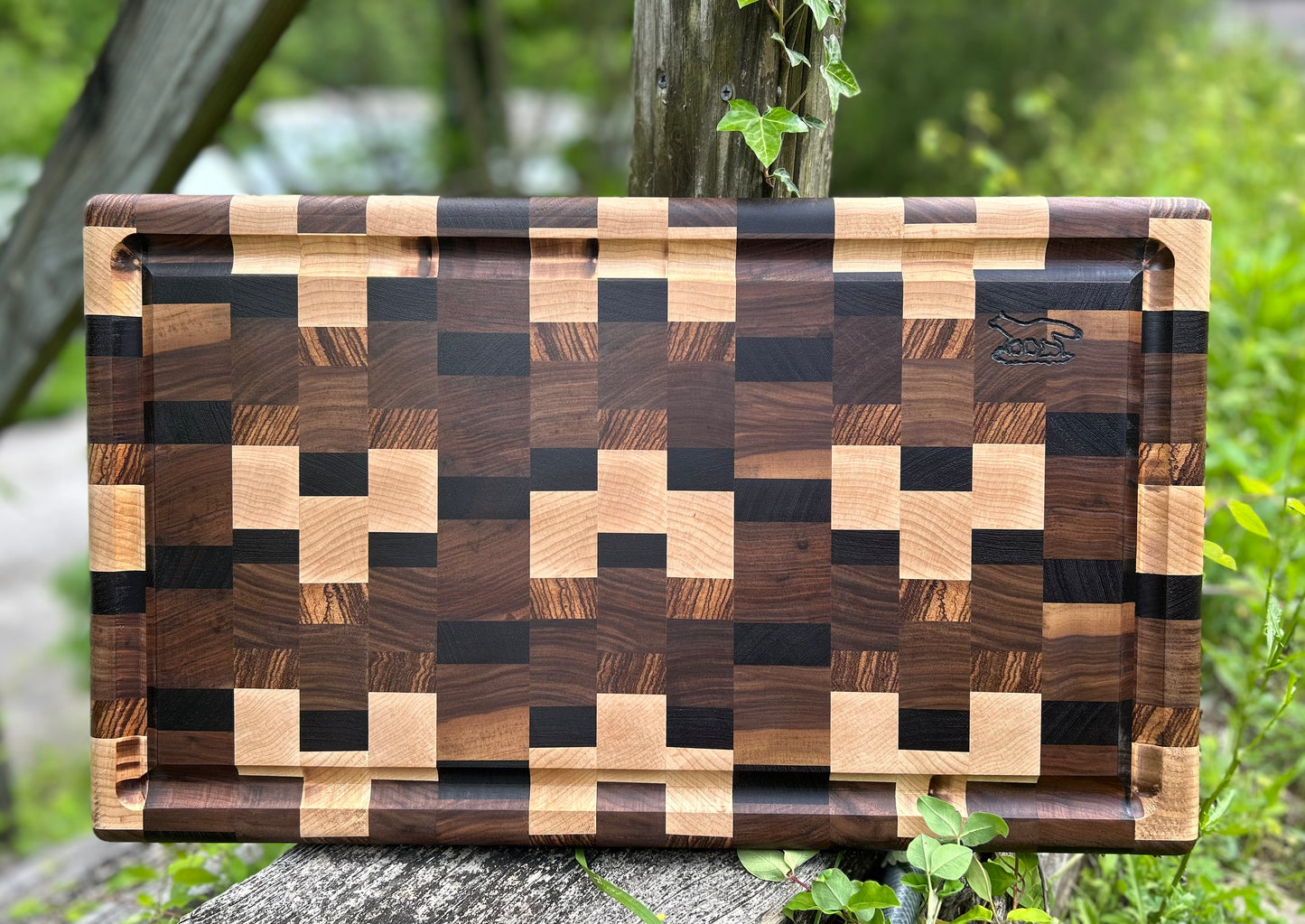Cutting Board- Dark Exotic Woods End Grain with Walnut, Zebra, Wenge, and Maple Woods with Blood Trail