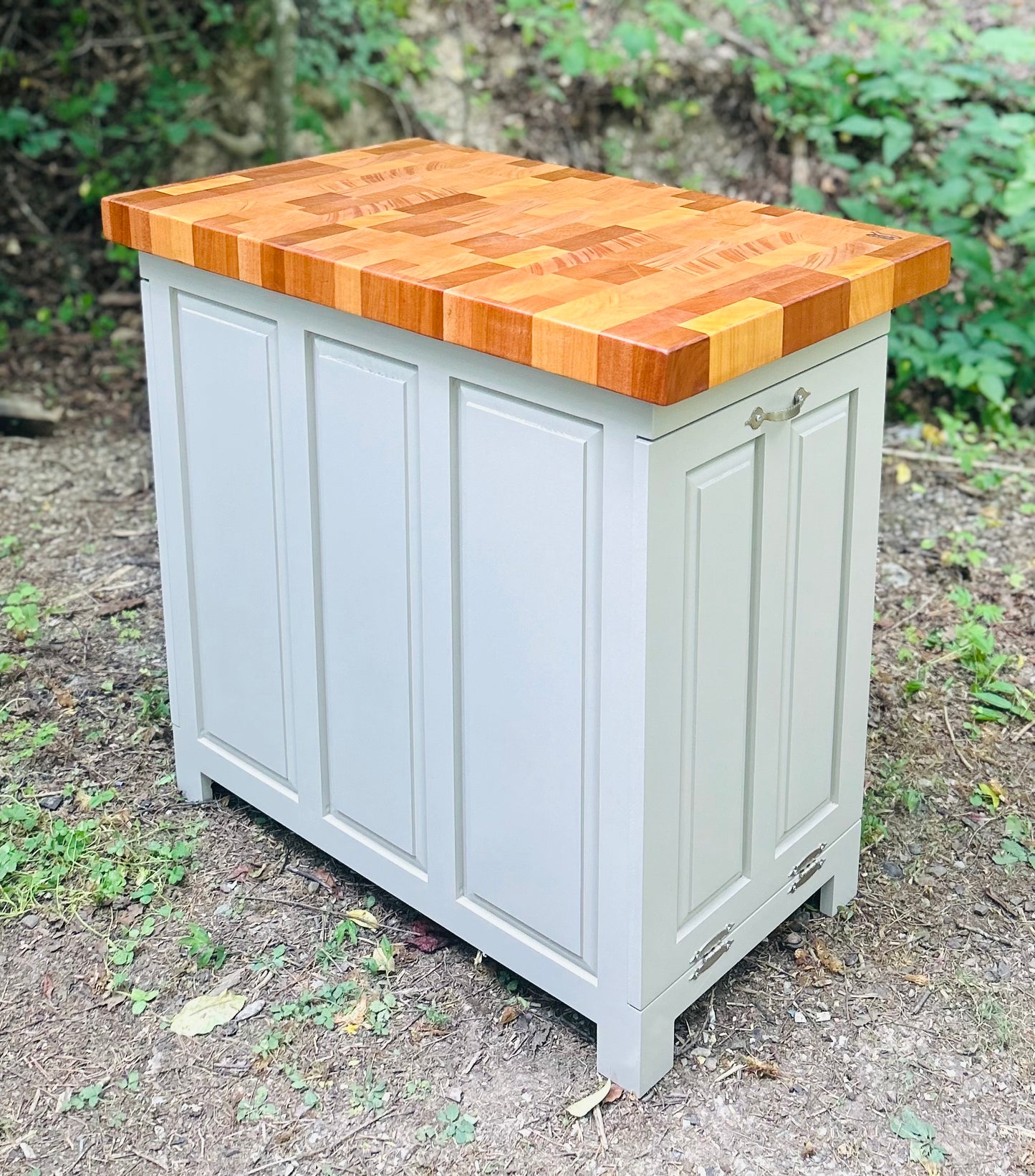 Triple Trash and Recycle kitchen island with end grain butcher block top, slide out trash and recycle, tilt out trash bin