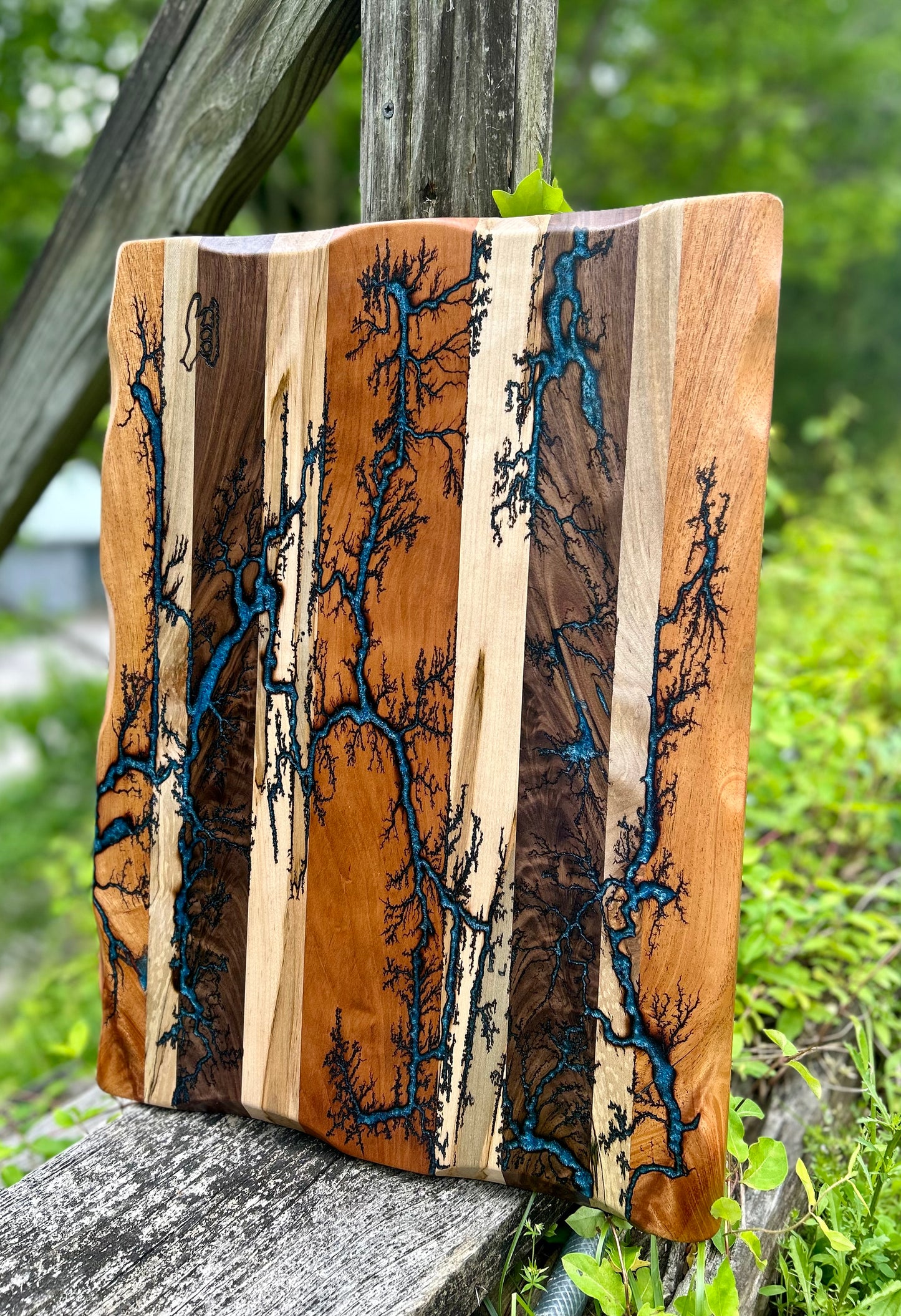 Charcuterie Board- Walnut, Cherry, Maple, Mahogany Fractal Burnt filled with Blue Eopxy
