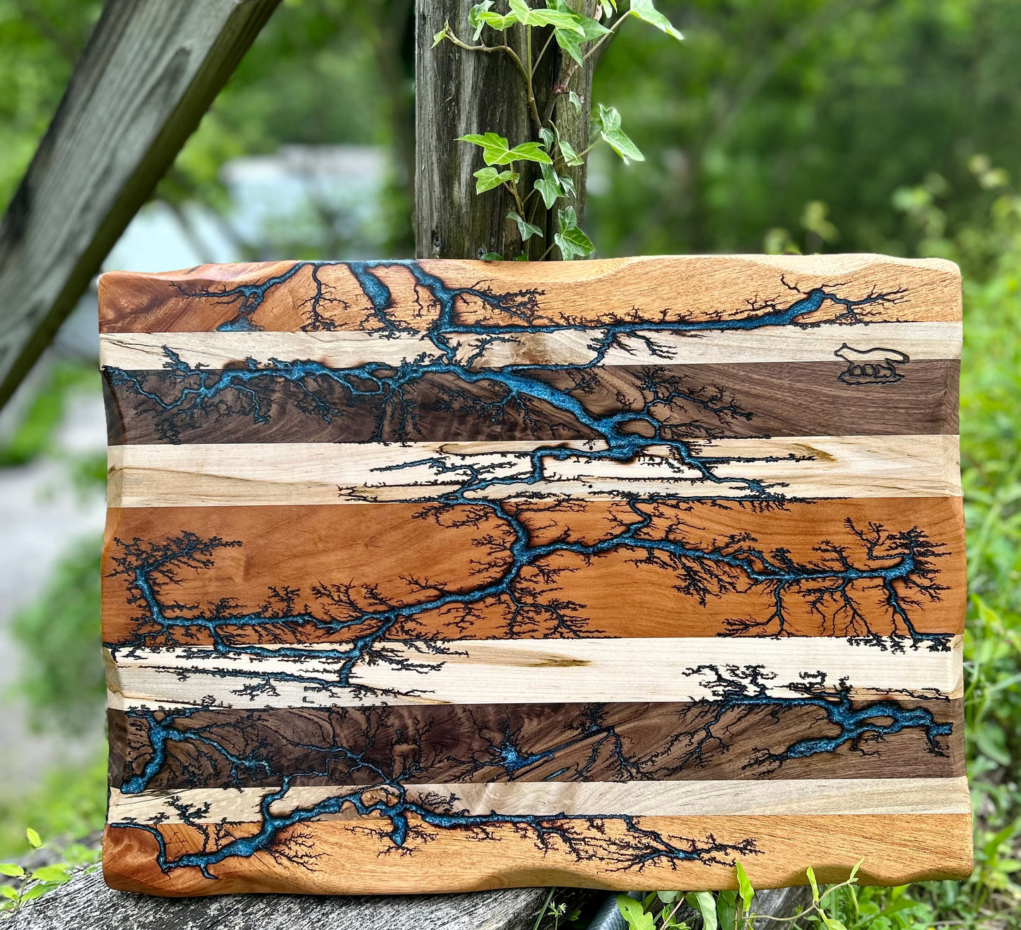 Charcuterie Board- Walnut, Cherry, Maple, Mahogany Fractal Burnt filled with Blue Eopxy
