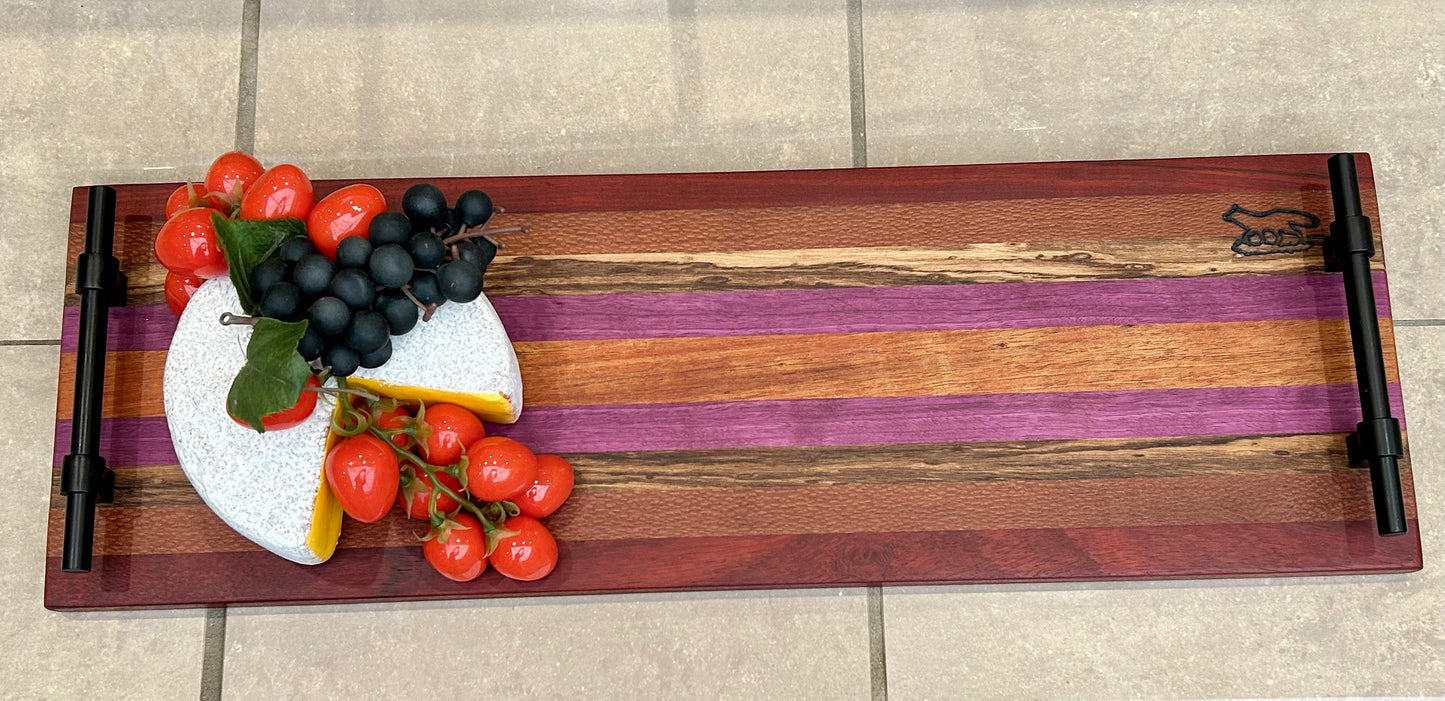 Charcuterie Board- Exotic Wood Stripe with industrial black metal handles