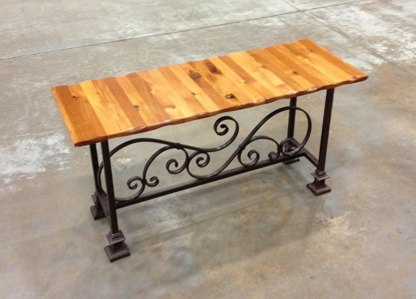 Bench--18x48 mahogany wained edge wrought iron bench