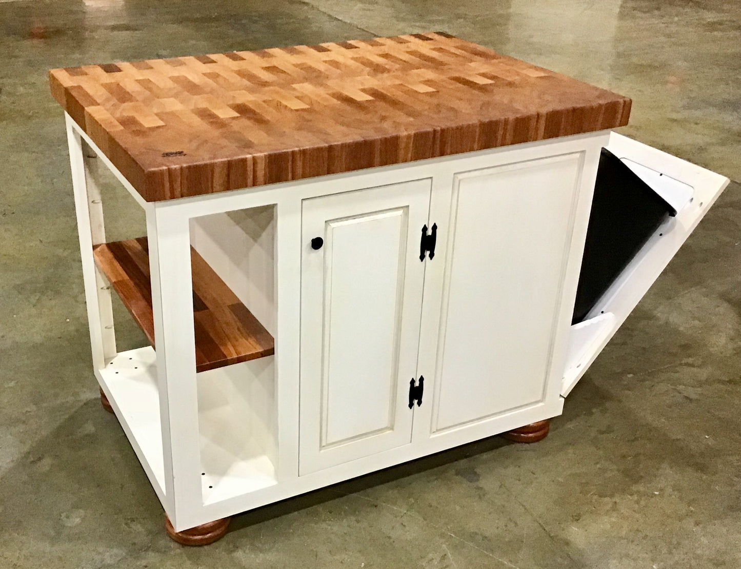 Farmhouse Island--Distressed Farmhouse Wood Island w/trash and recycle bin