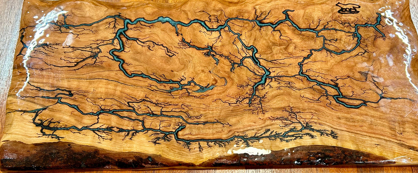 Charcuterie Board w/fractal burnt filled with epoxy/cherry live edge wood