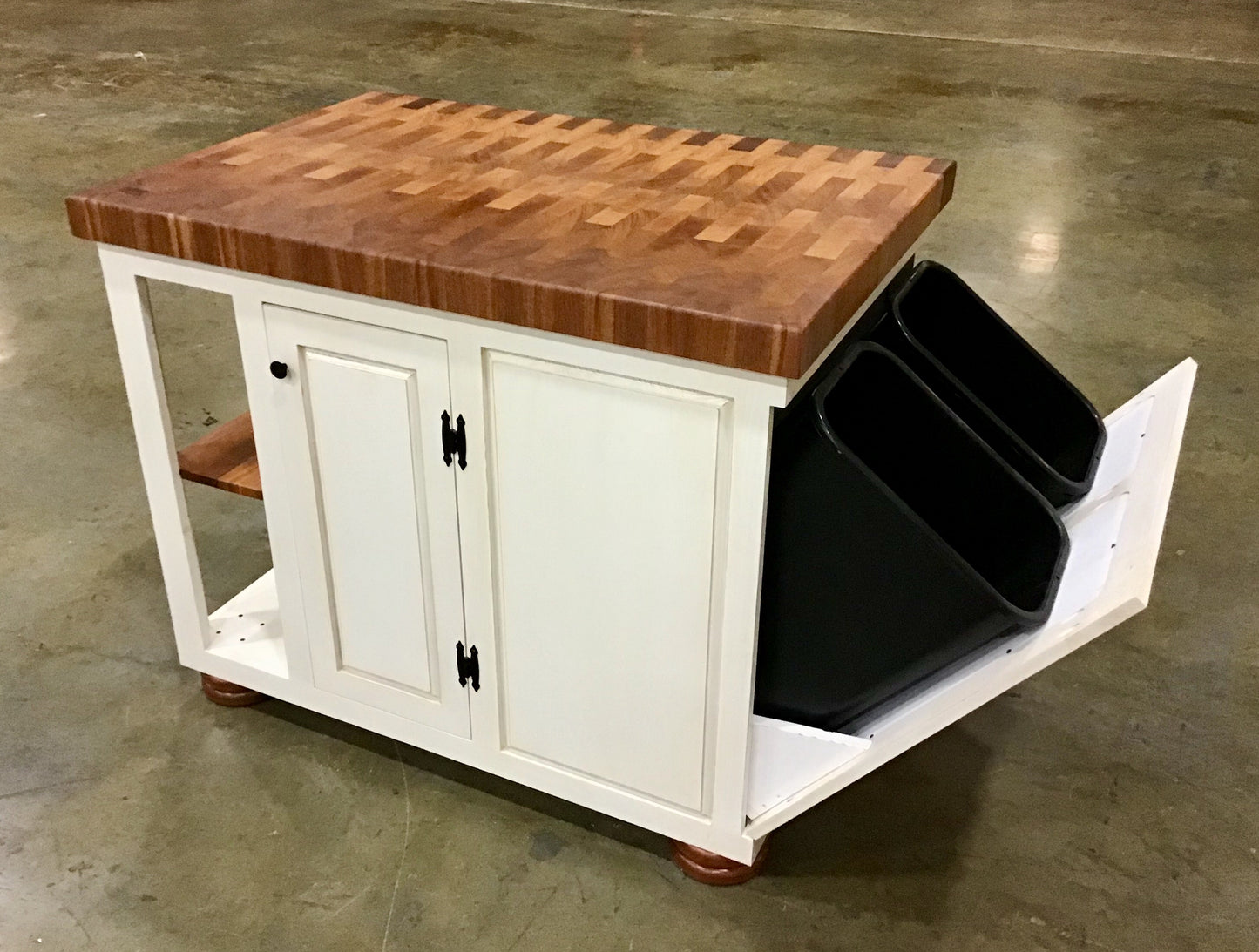 Farmhouse Island--Distressed Farmhouse Wood Island w/trash and recycle bin