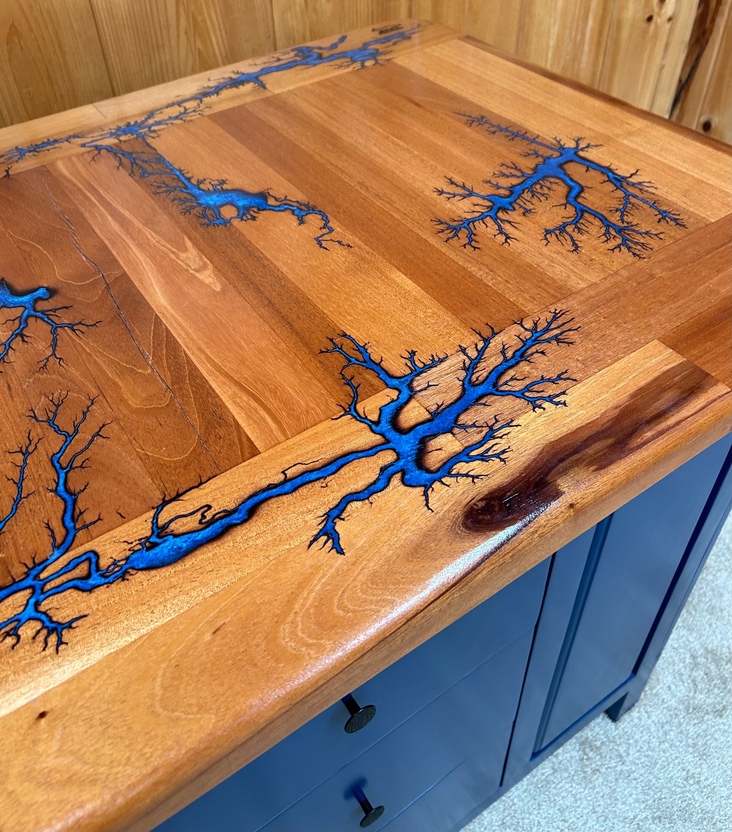 Island-Fractal Burn Mahogany Top w/3 drawers and tilt out trash