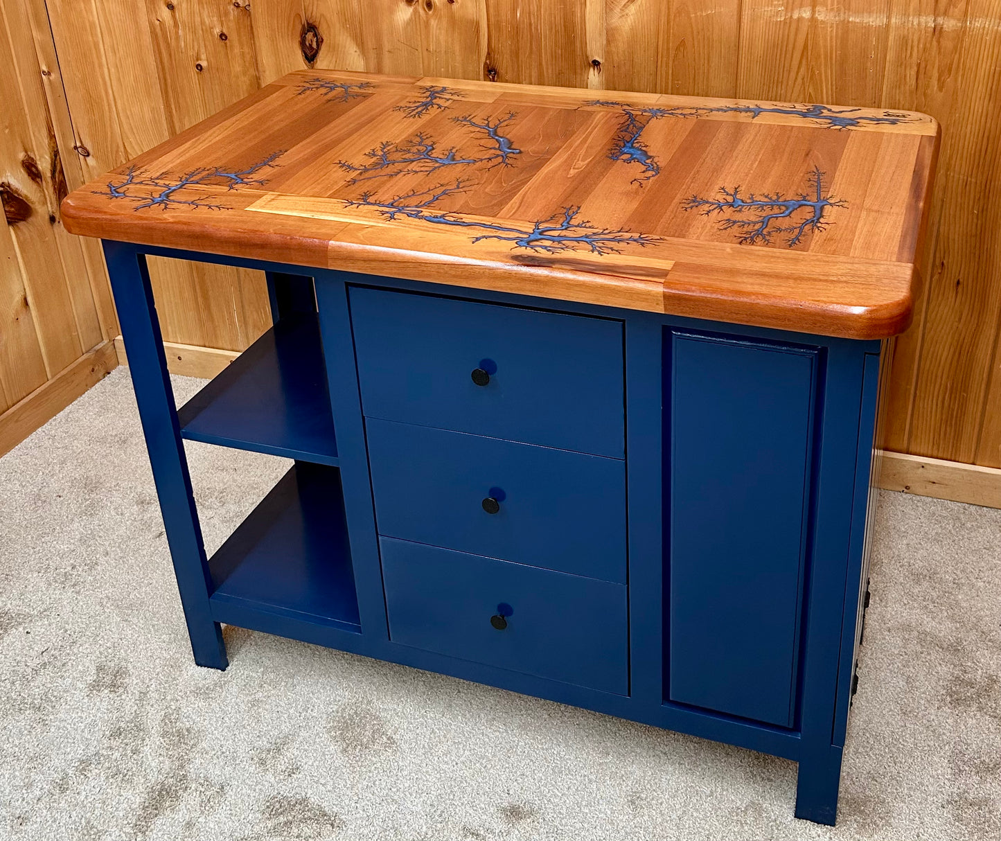 Island-Fractal Burn Mahogany Top w/3 drawers and tilt out trash