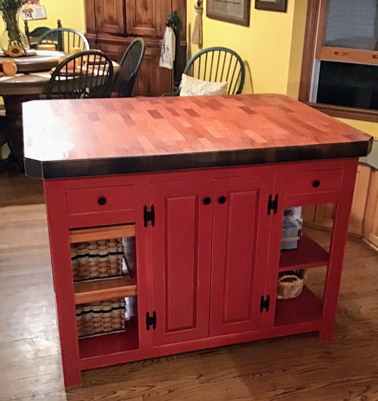 Farmhouse island- Mama’s Dream Island w/ Mahogany End Grain Butcher Block with bar seating