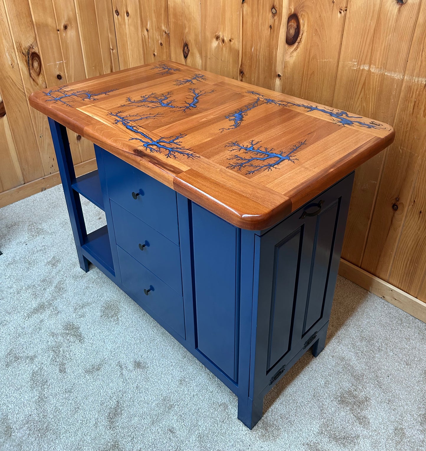 Island-Fractal Burn Mahogany Top w/3 drawers and tilt out trash