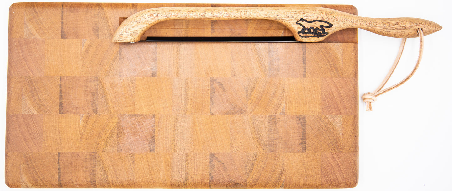 Cutting board--end grain mahogany cutting board and bow knife set