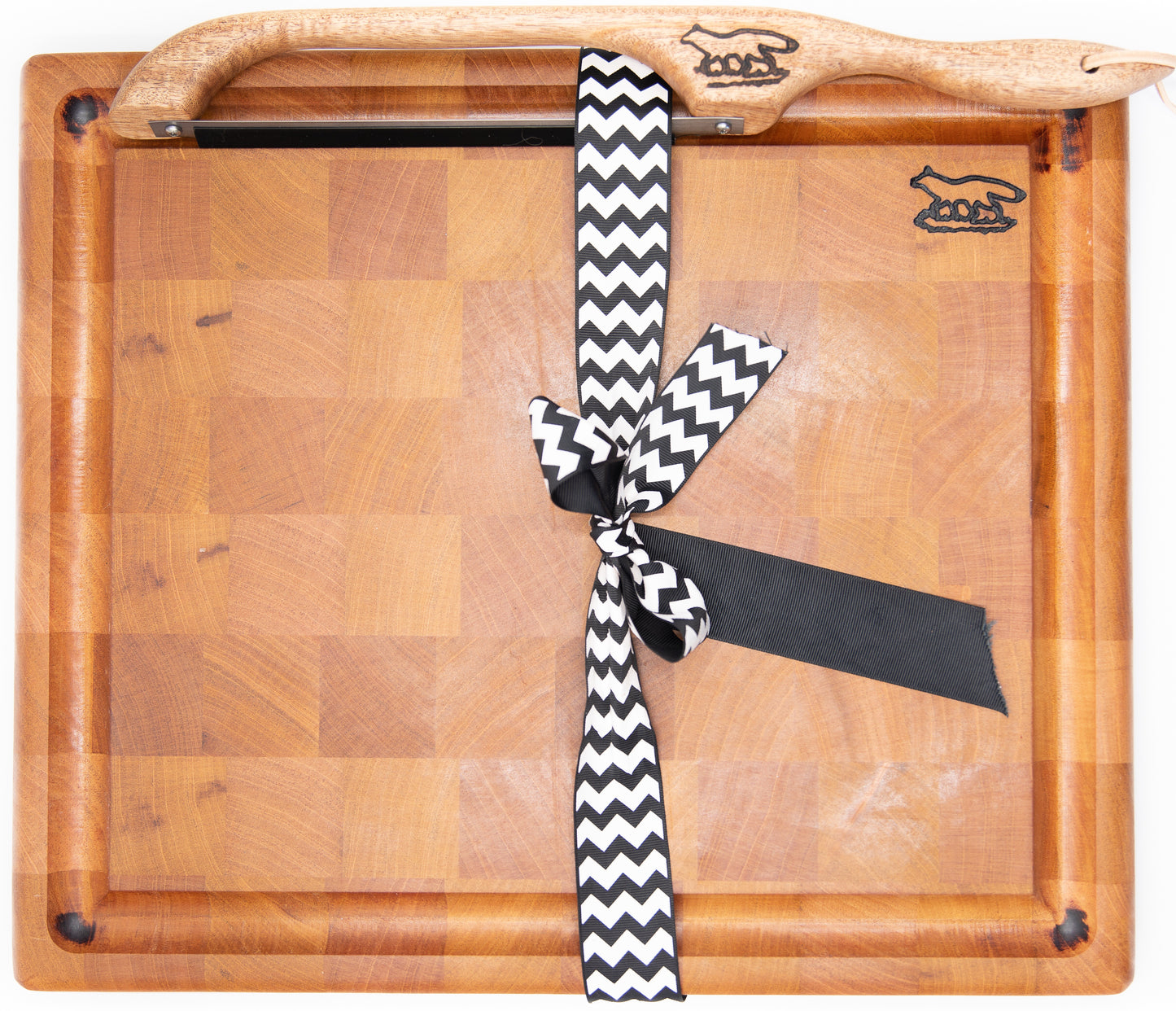 Cutting board--end grain mahogany cutting board and bow knife set