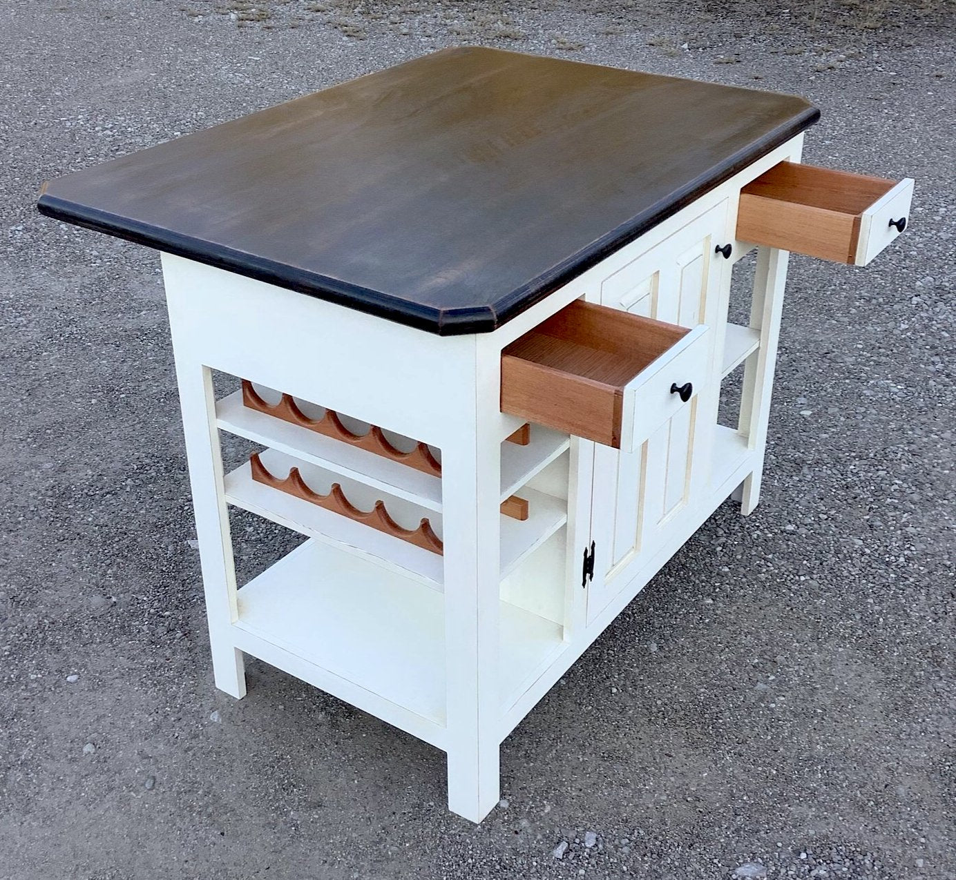 Farmhouse-Mama’s Farmhouse Wine & Storage Island with Benches