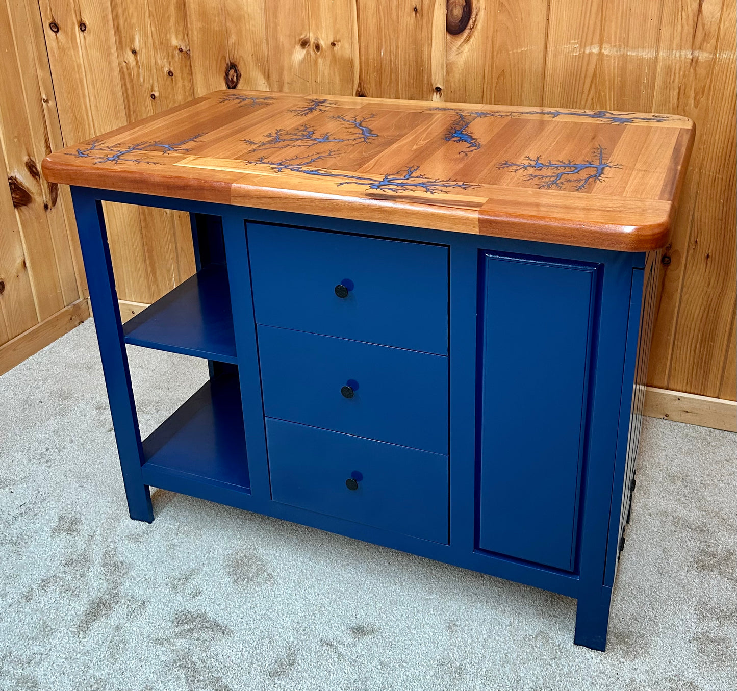 Island-Fractal Burn Mahogany Top w/3 drawers and tilt out trash