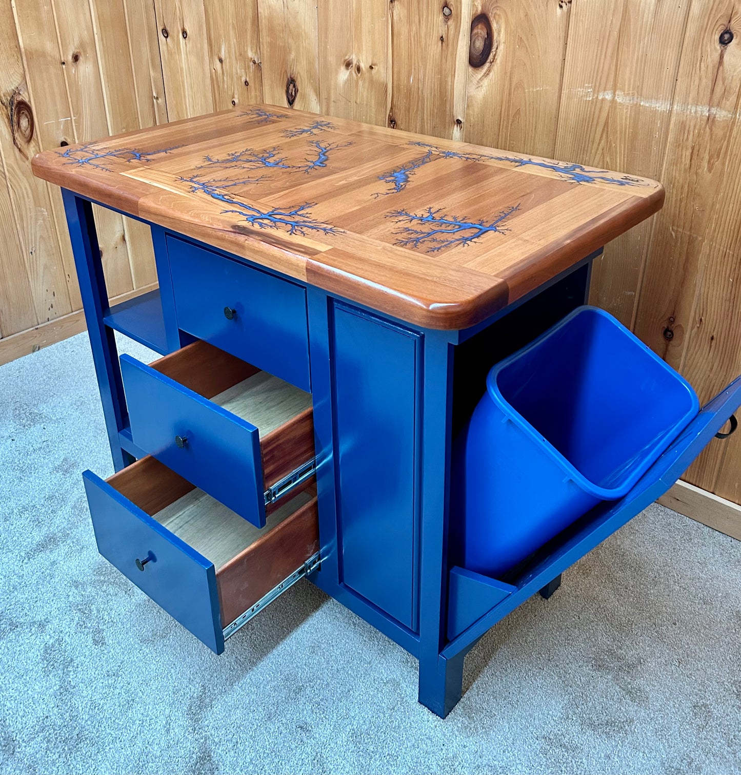 Island-Fractal Burn Mahogany Top w/3 drawers and tilt out trash