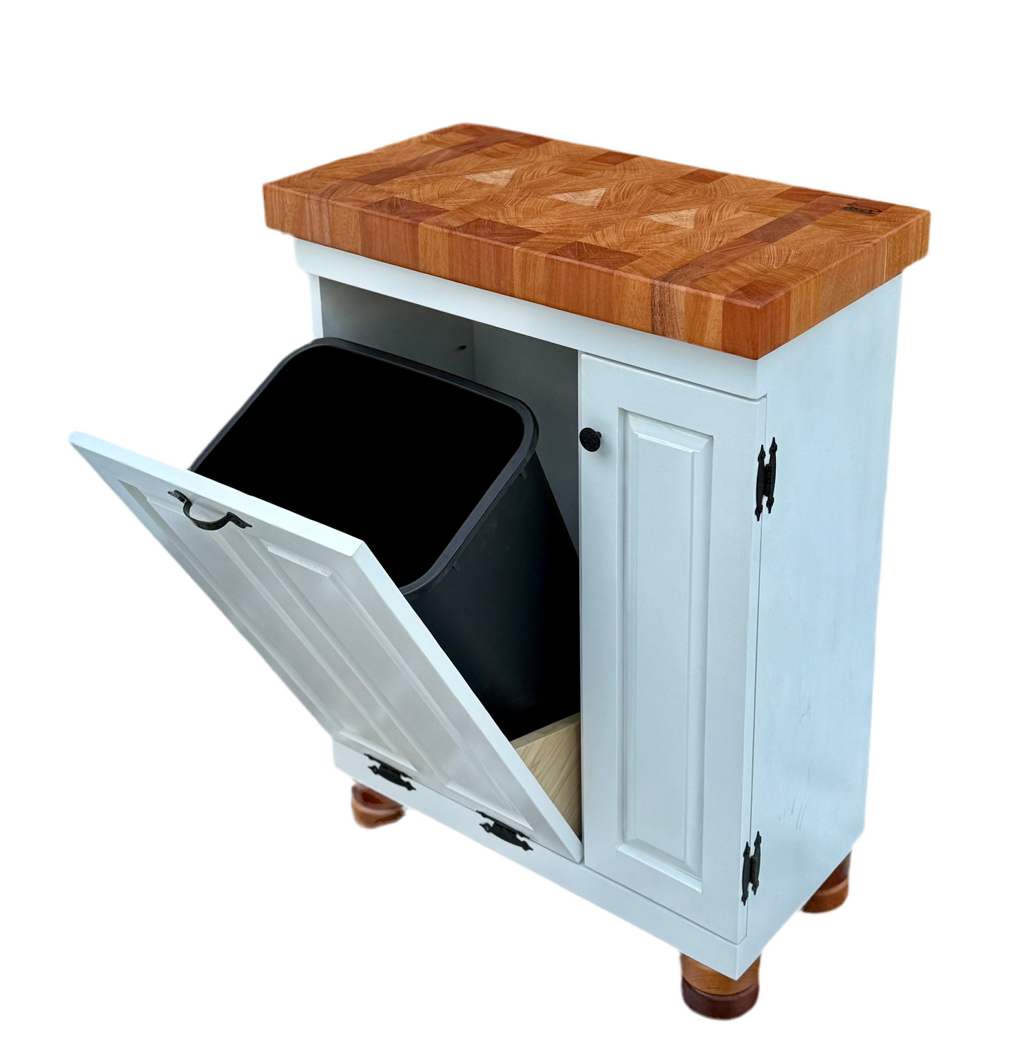 Farmhouse island-Farmhouse Mini butcher block island w/bun feet and tilt out trash can