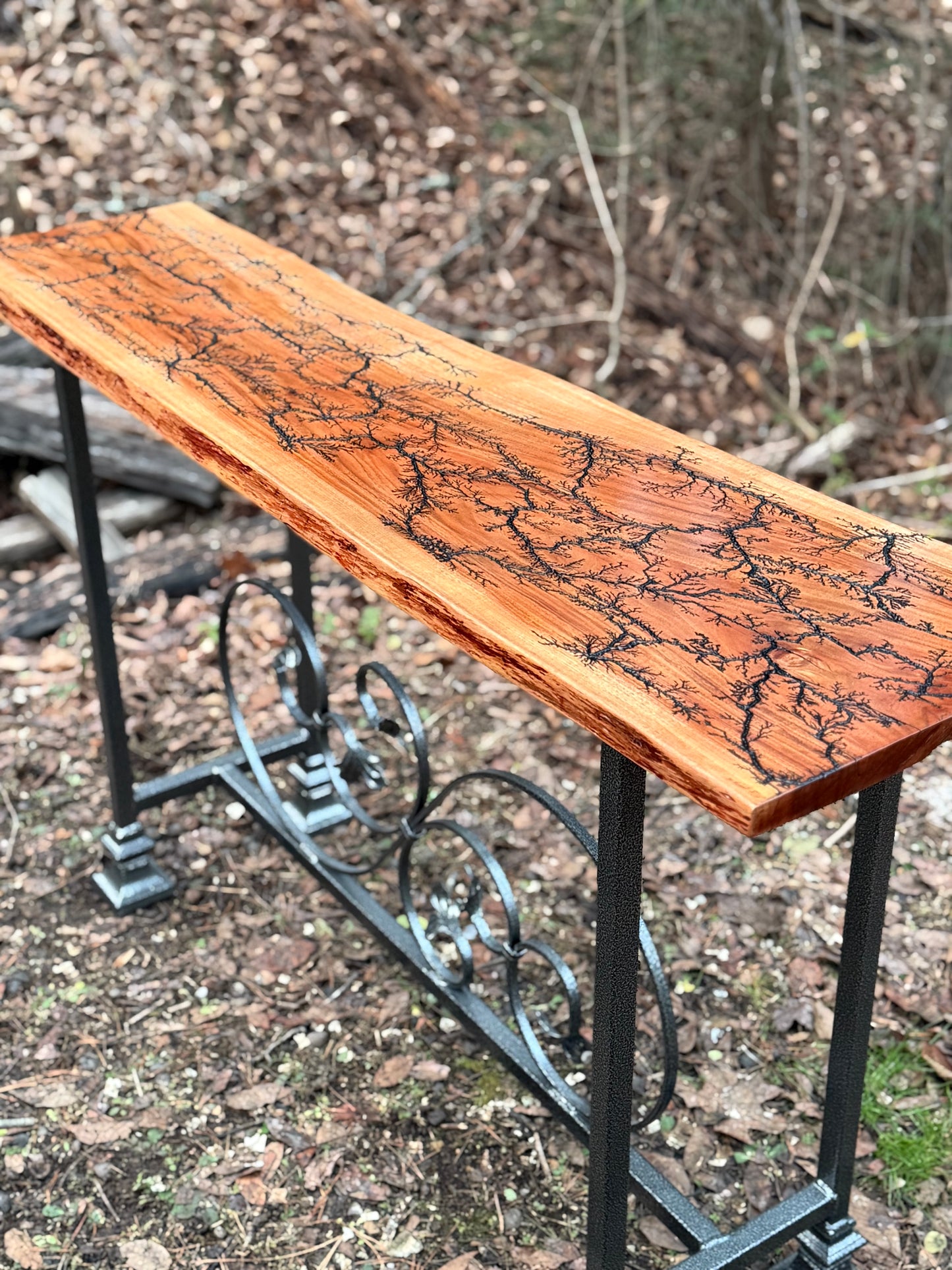 Console Table- Fractal Burn Patagonian Rosewood with Live edge and metal powder coated frame with scrollwork