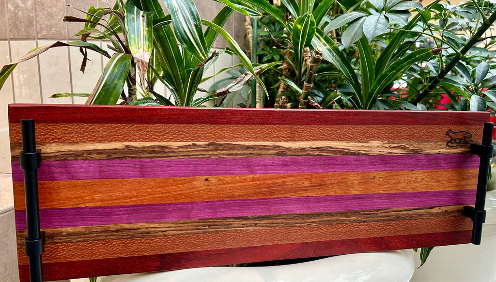 Charcuterie Board- Exotic Wood Stripe with industrial black metal handles