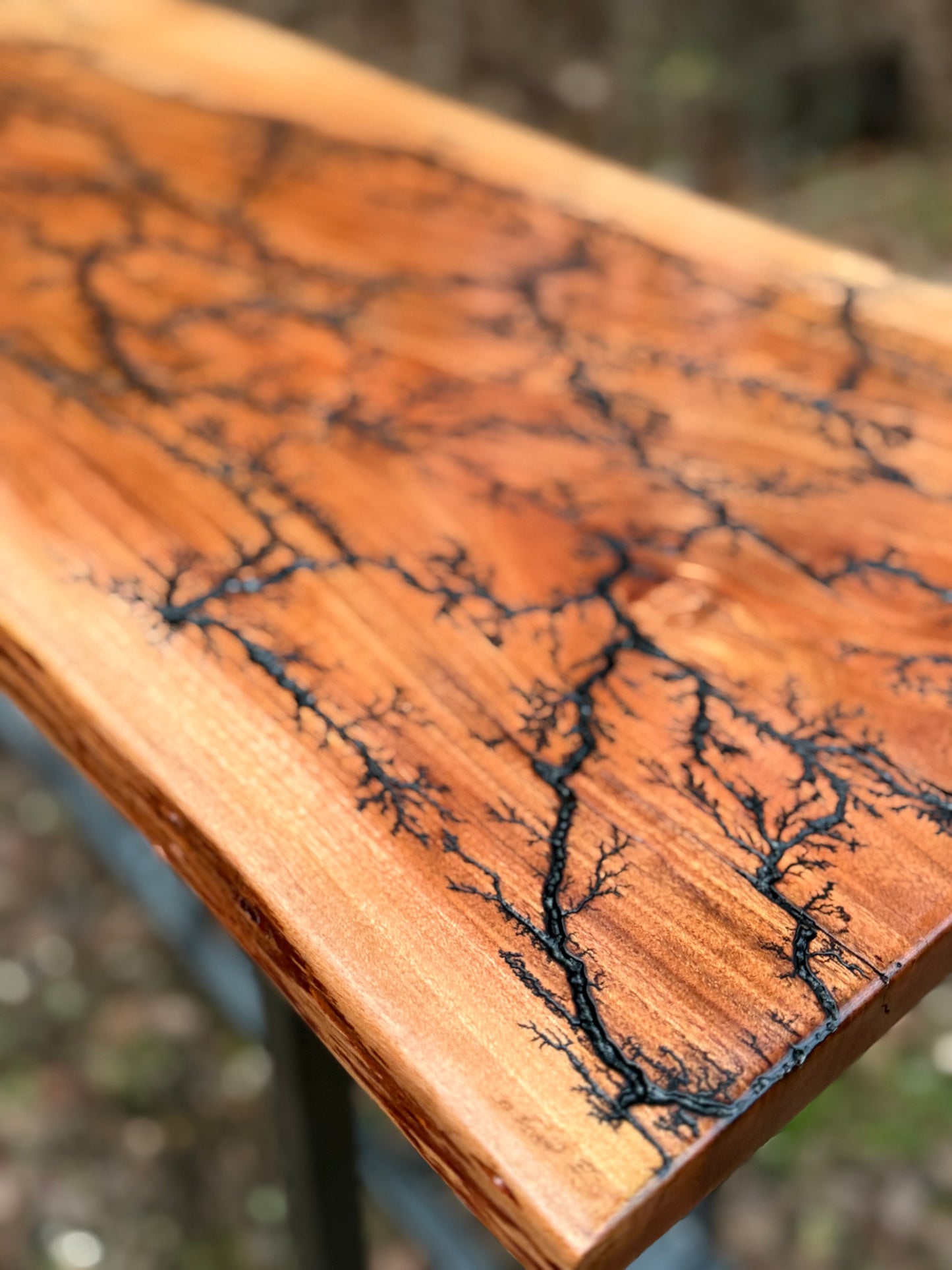 Console Table- Fractal Burn Patagonian Rosewood with Live edge and metal powder coated frame with scrollwork