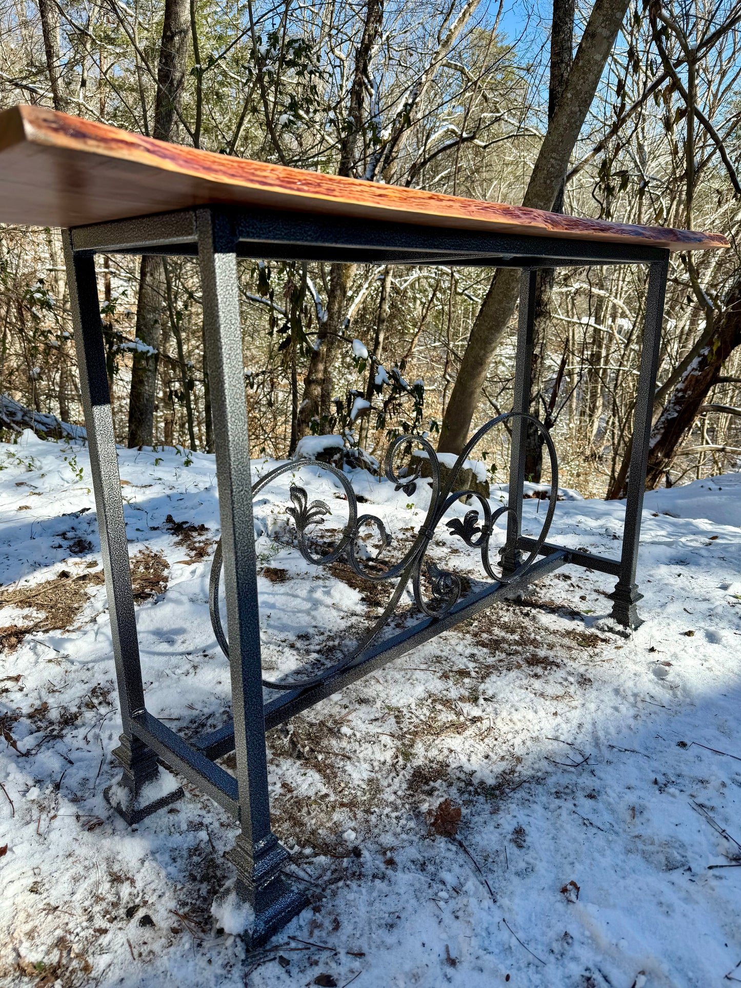 Console Table- Fractal Burn Patagonian Rosewood with Live edge and metal powder coated frame with scrollwork