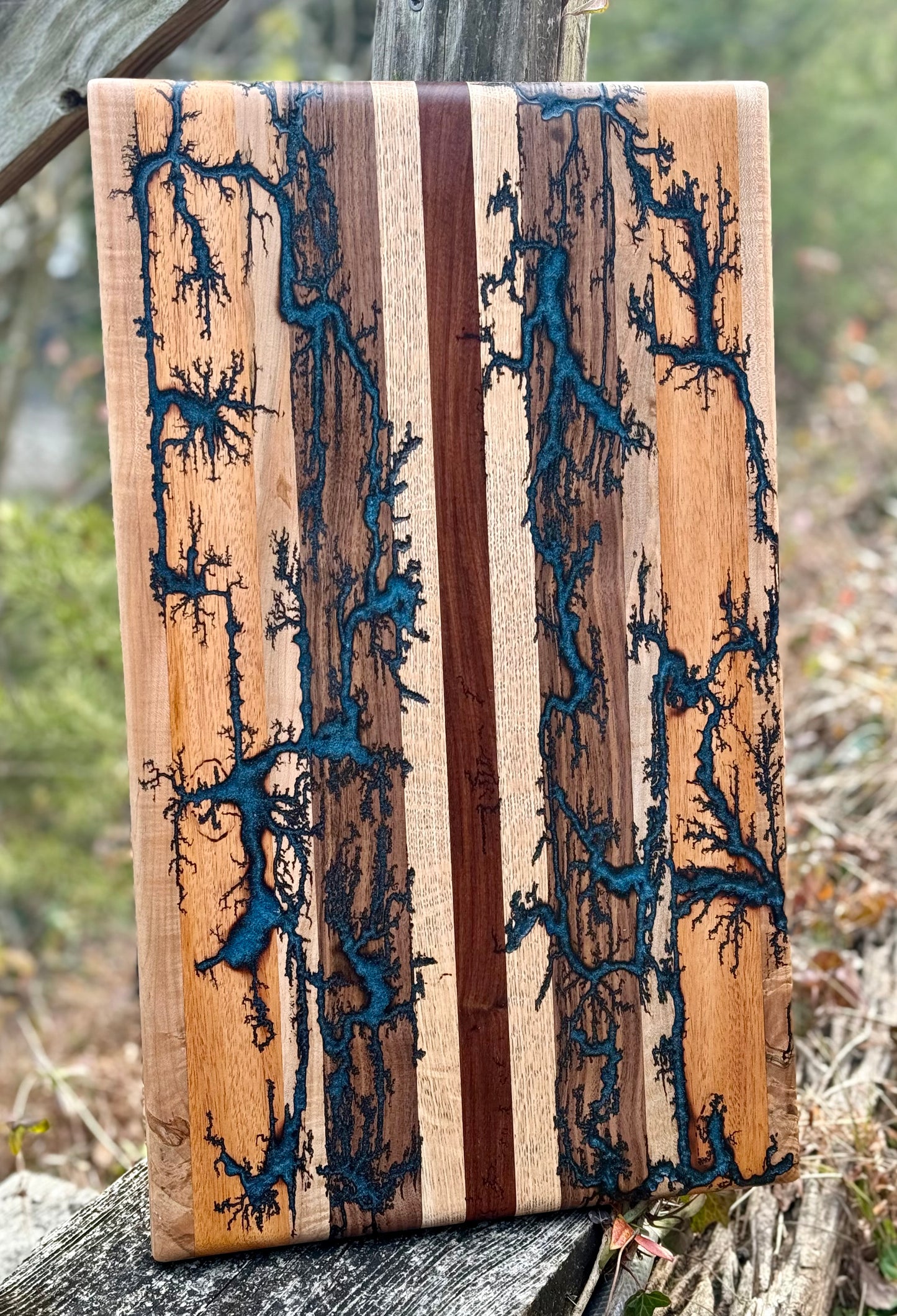 Cutting board-16x22 Large Stripe with fractal burn and blue epoxy