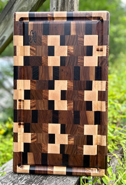 Cutting Board- Dark Exotic Woods End Grain with Walnut, Zebra, Wenge, and Maple Woods with Blood Trail