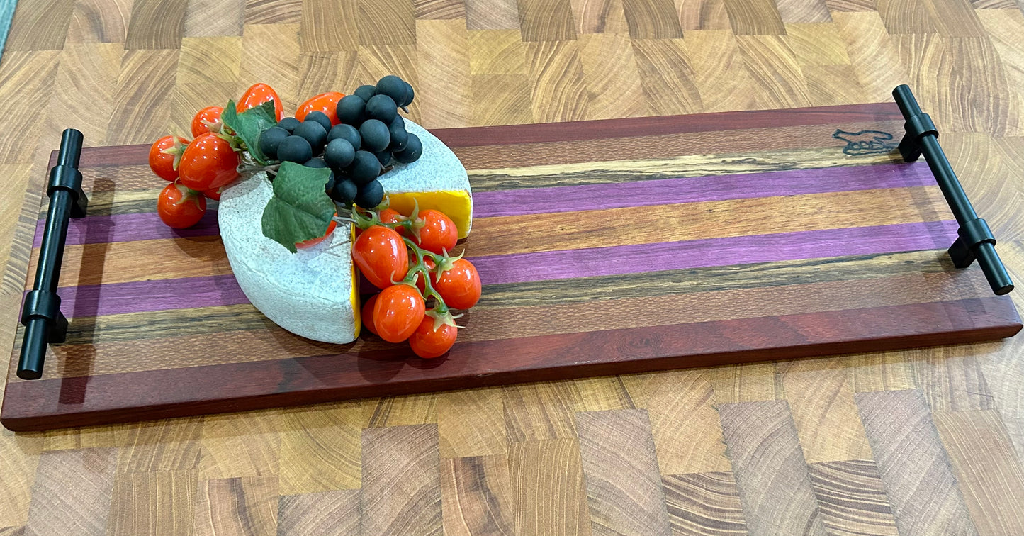 Charcuterie Board- Exotic Wood Stripe with industrial black metal handles