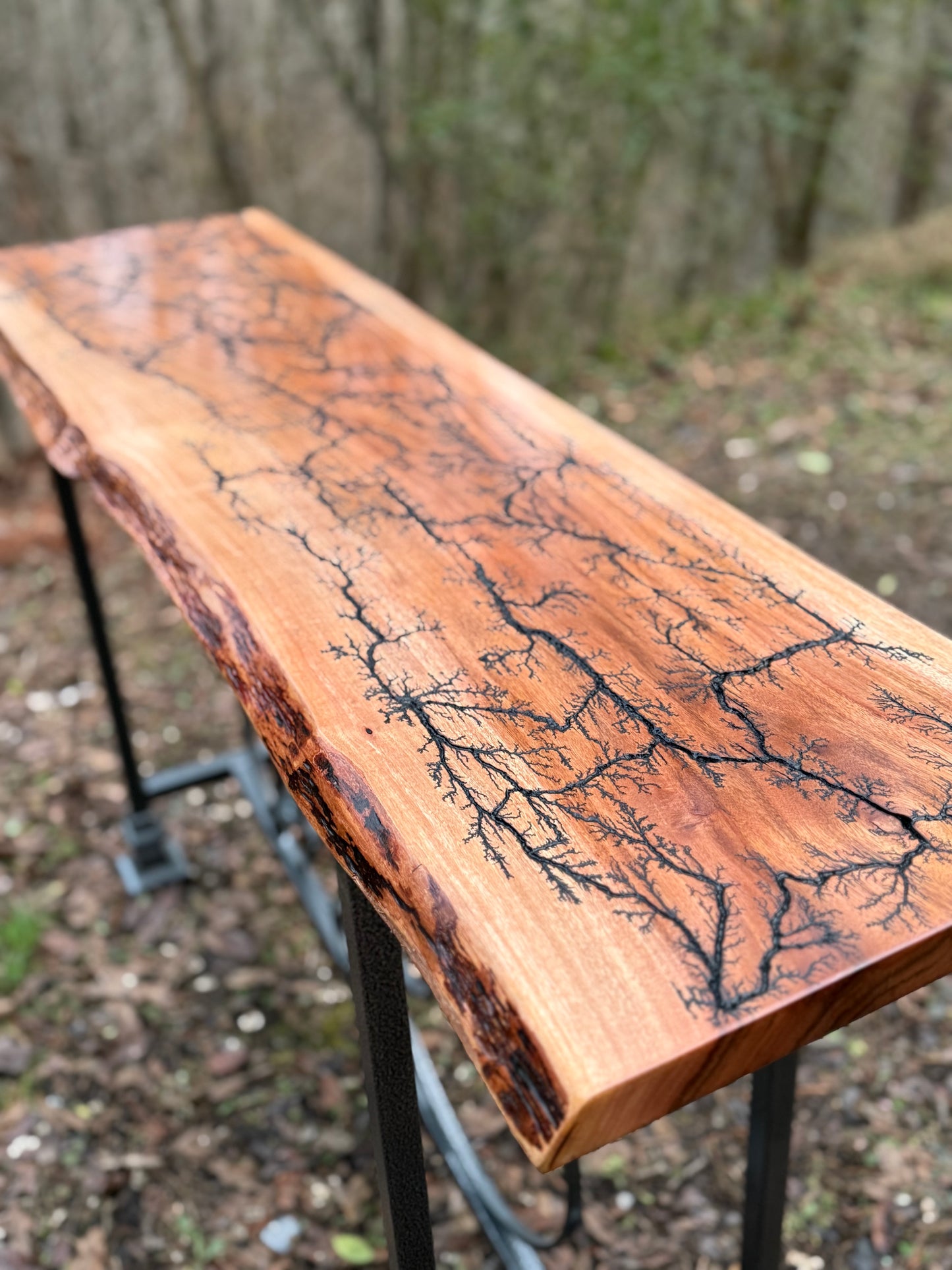 Console Table- Fractal Burn Patagonian Rosewood with Live edge and metal powder coated frame with scrollwork