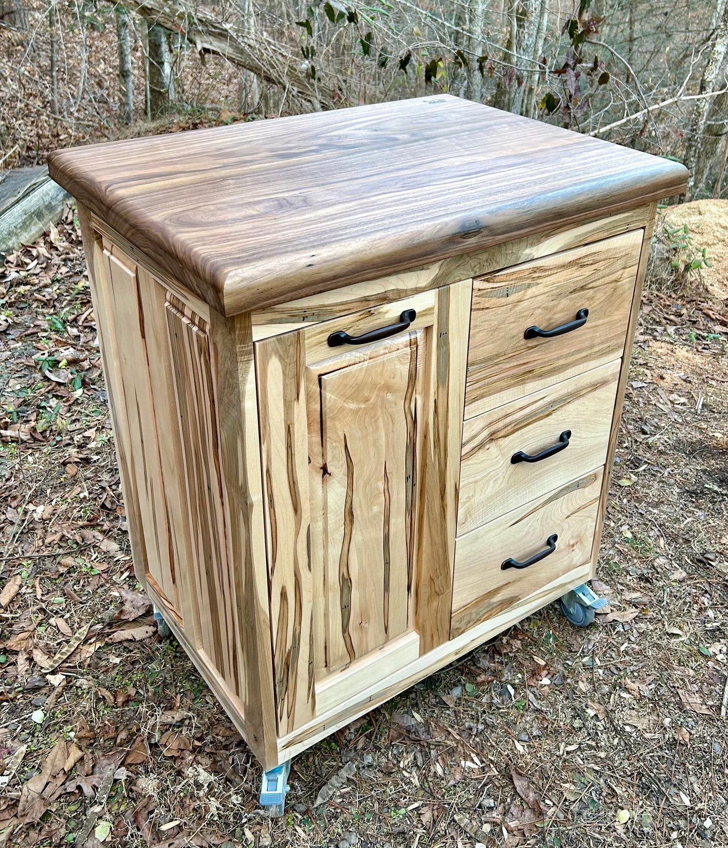 Ambrosia Maple Small Mobile Kitchen Island with Walnut Butcher Block