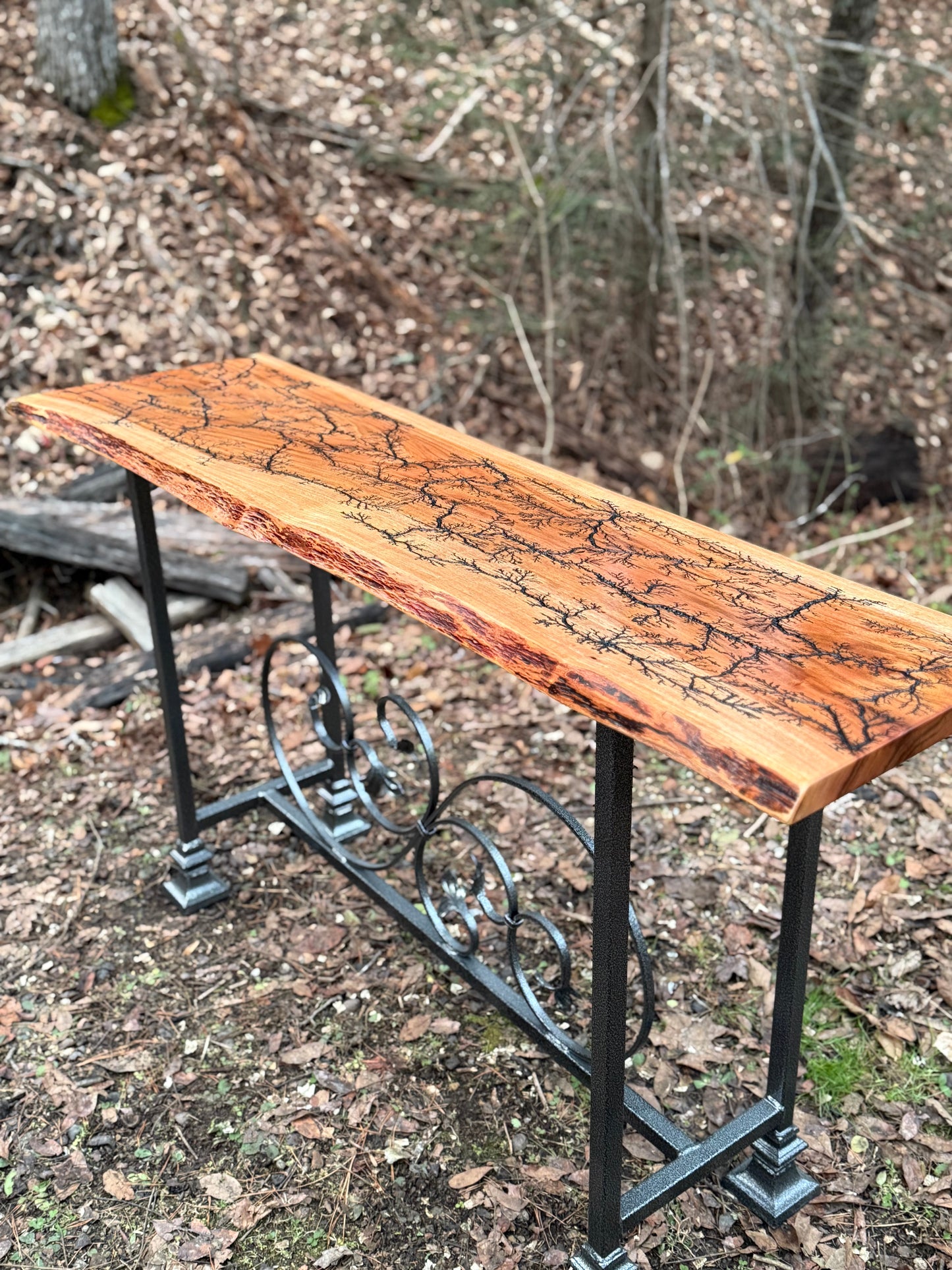 Console Table- Fractal Burn Patagonian Rosewood with Live edge and metal powder coated frame with scrollwork