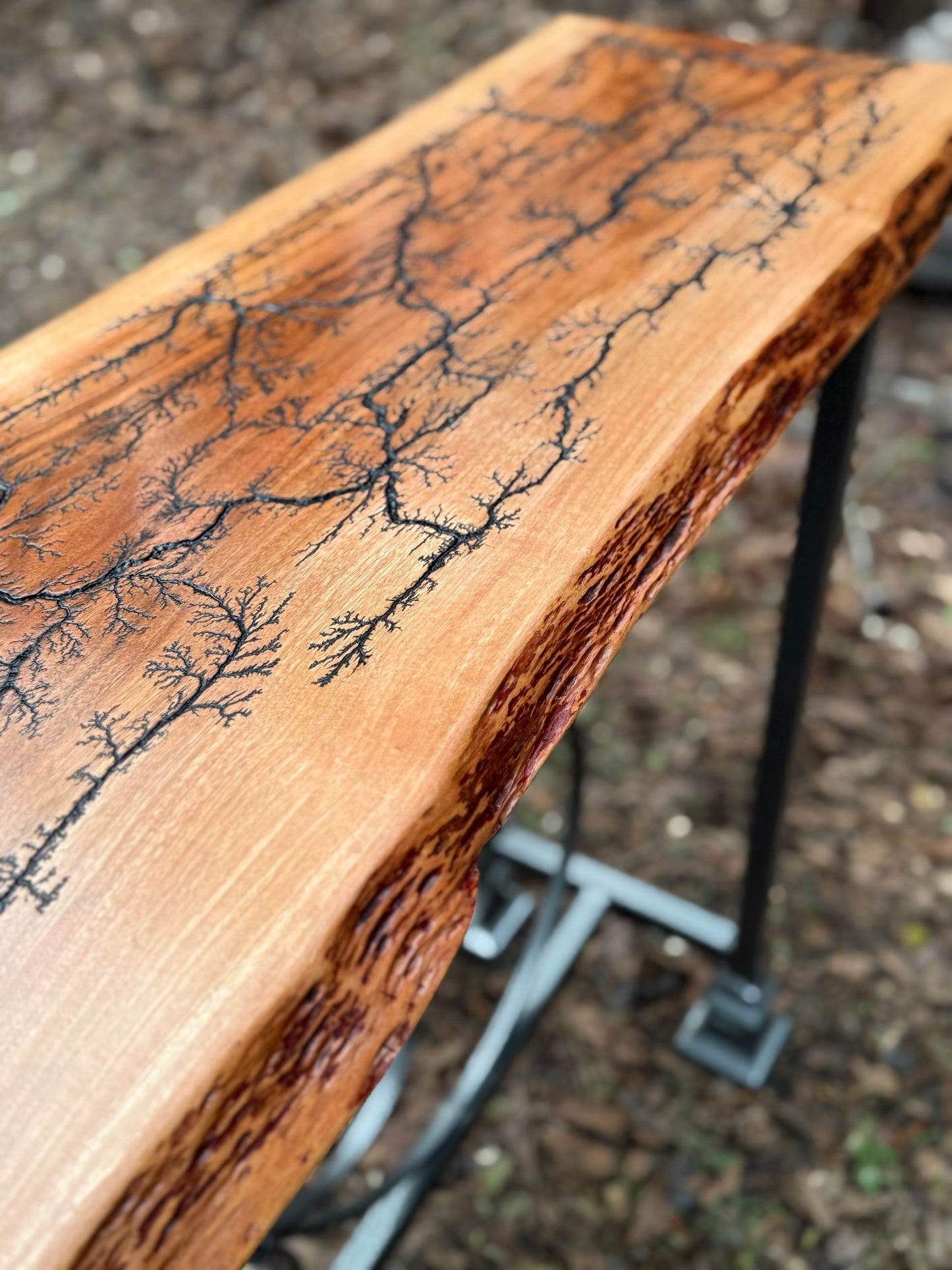 Console Table- Fractal Burn Patagonian Rosewood with Live edge and metal powder coated frame with scrollwork