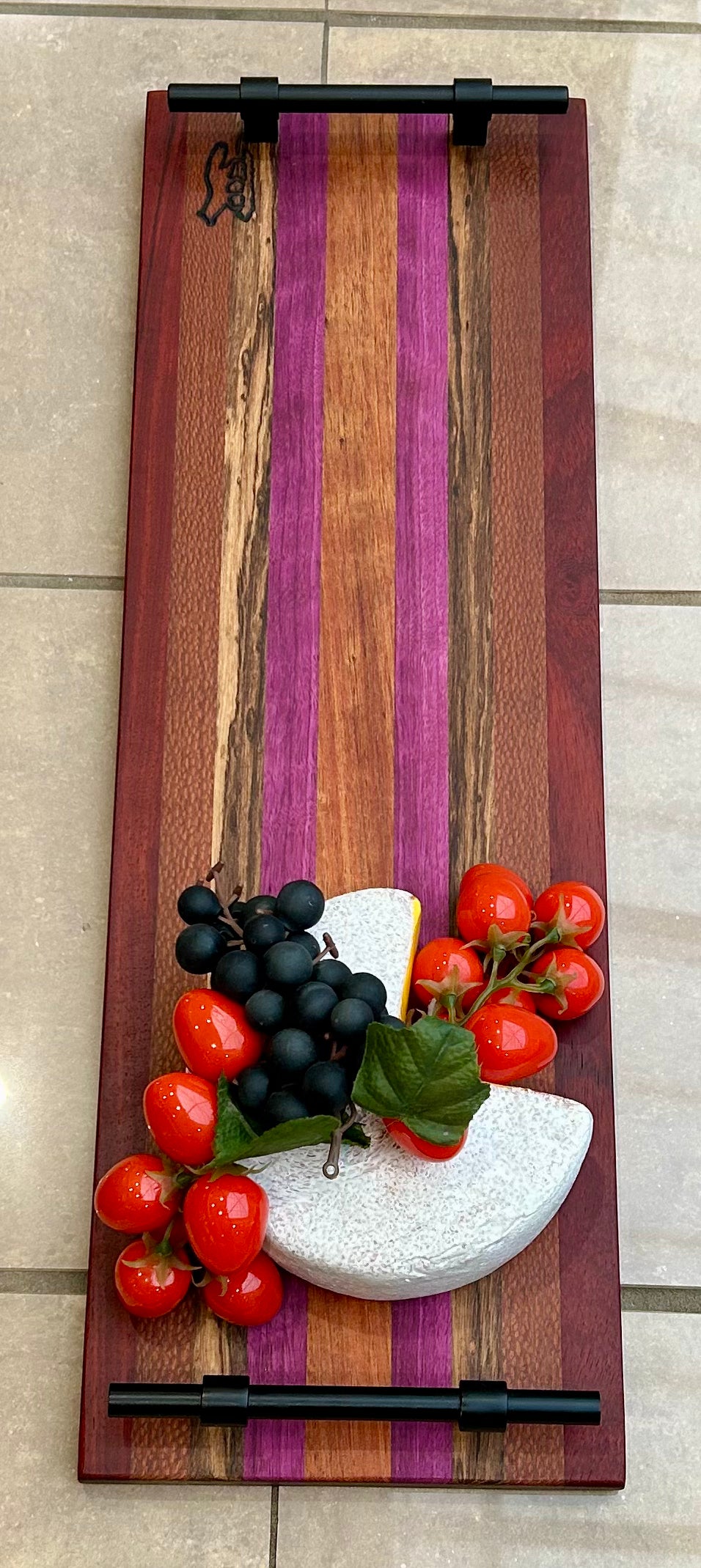 Charcuterie Board- Exotic Wood Stripe with industrial black metal handles