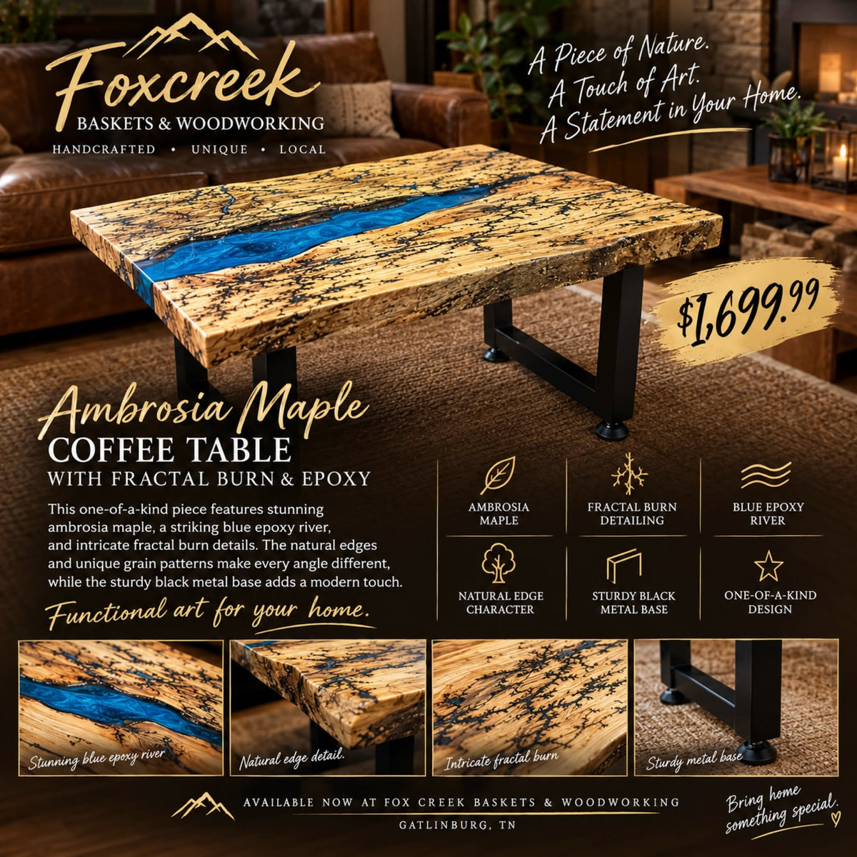 Ambrosia maple River table with Blue epoxy.