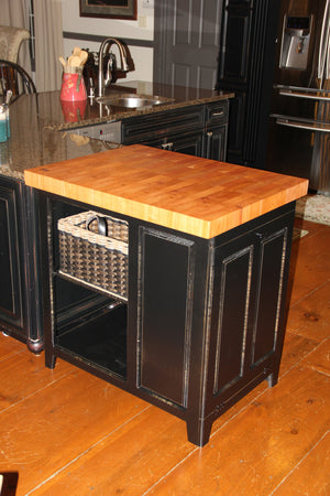 Farmhouse Island--36 inch Long Black Distressed Mahogany Butcher Block w/tilt out trash