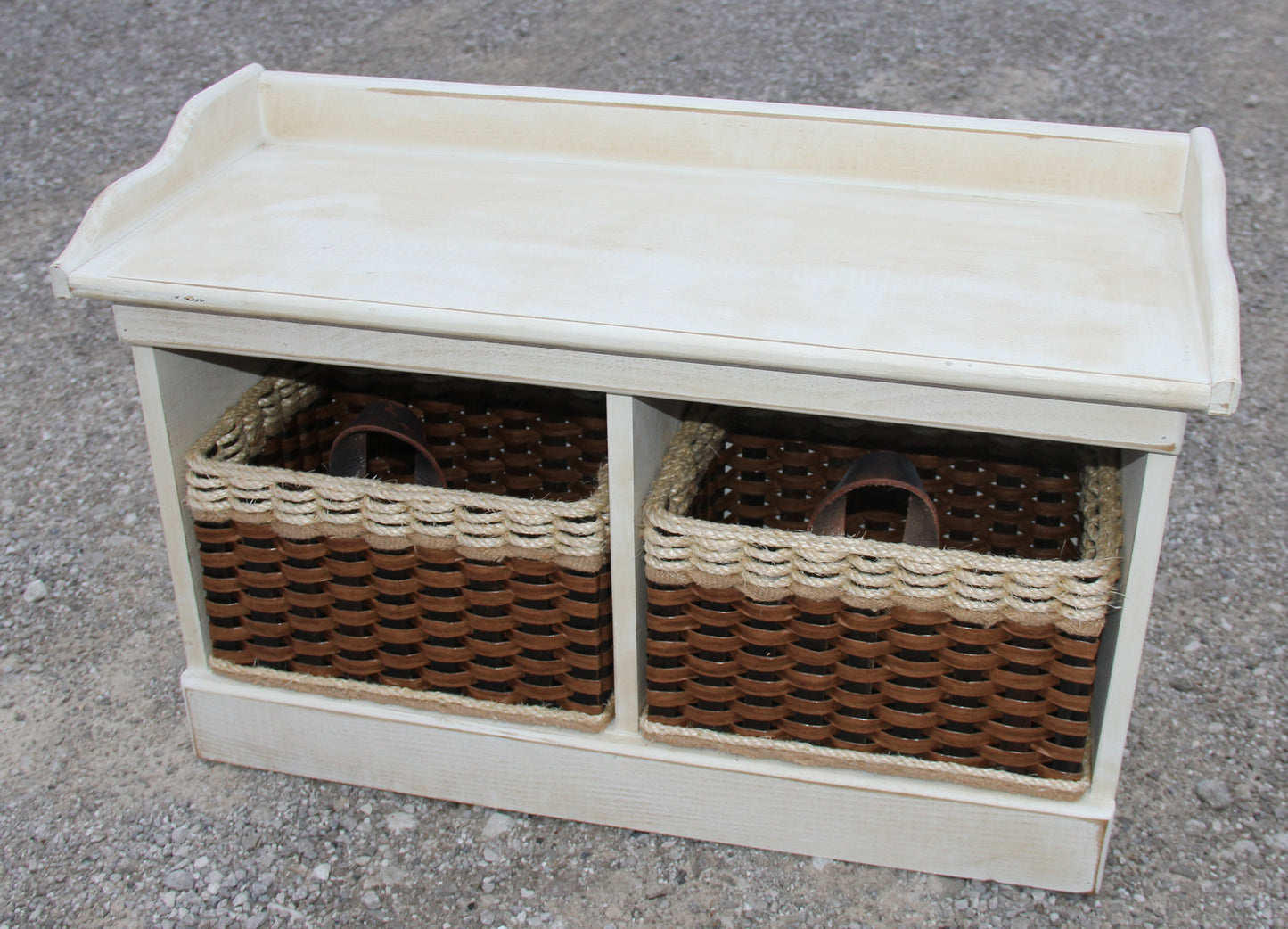 Bench--Distressed Small Wood Bench w/cubby baskets