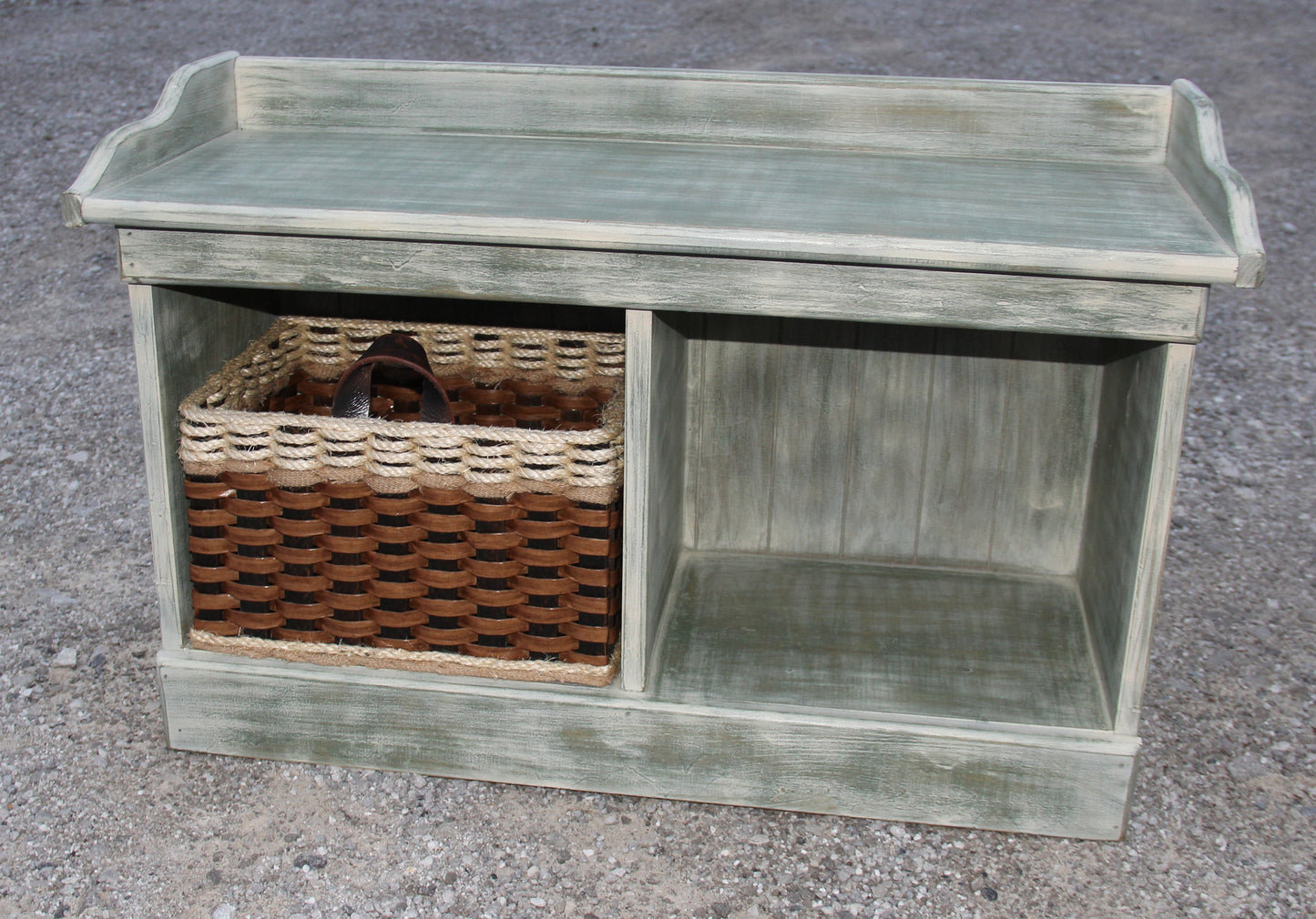 Bench--Distressed Small Wood Bench w/cubby baskets