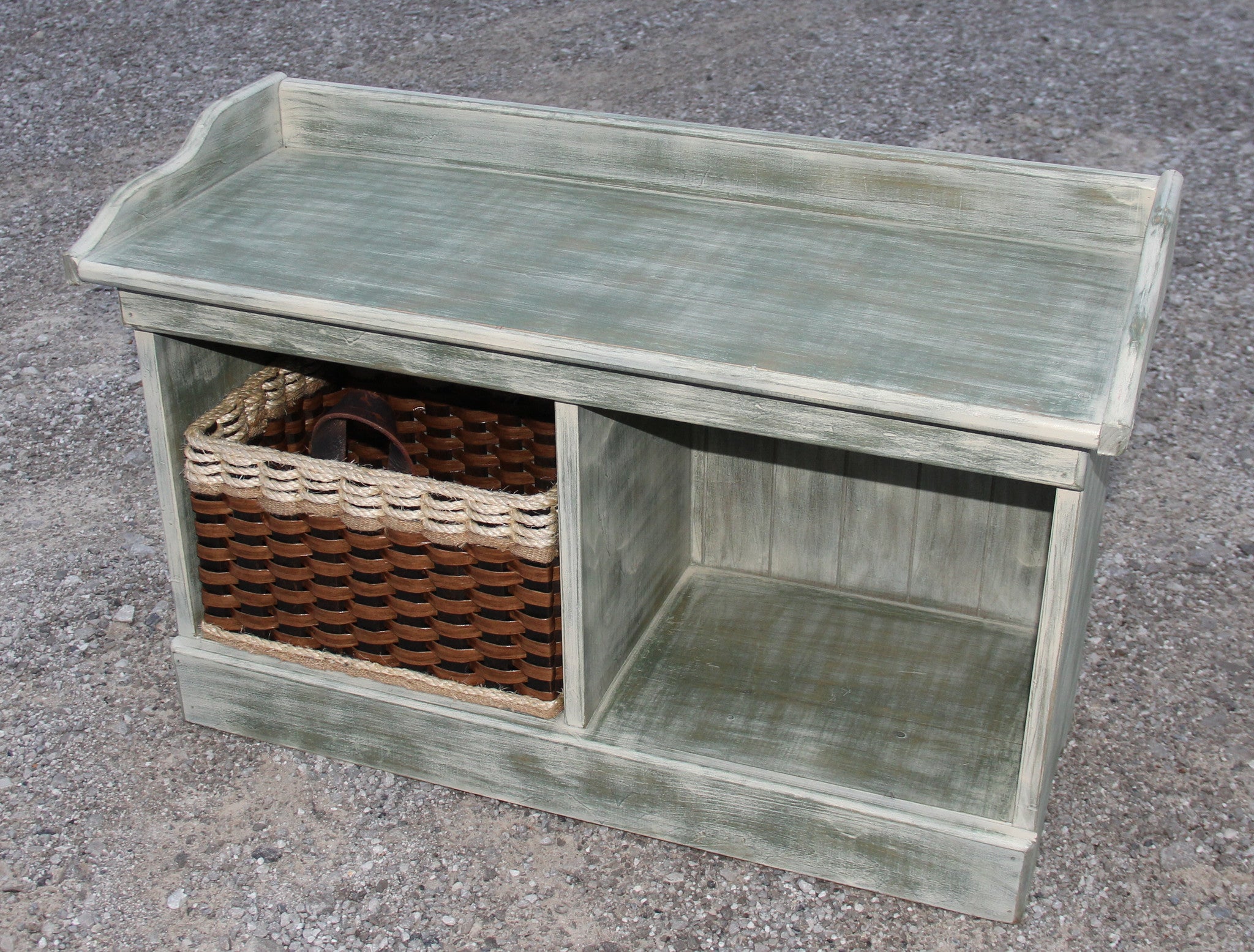 Bench--Distressed Small Wood Bench w/cubby baskets