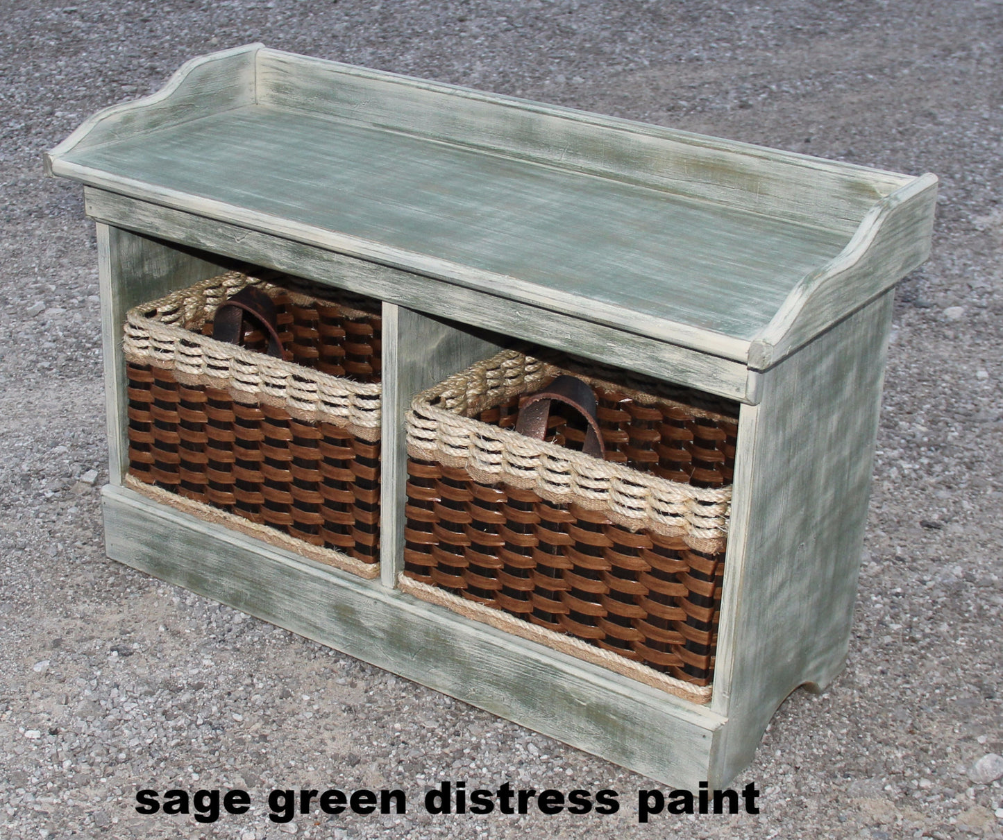 Bench--Distressed Small Wood Bench w/cubby baskets