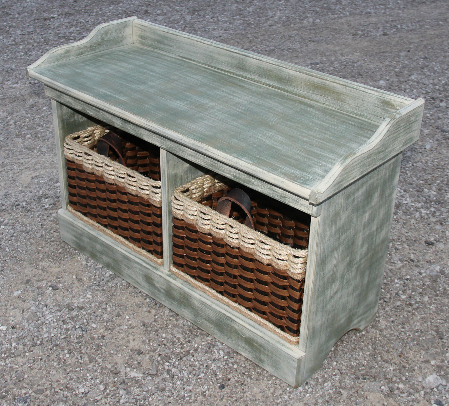 Bench--Distressed Small Wood Bench w/cubby baskets