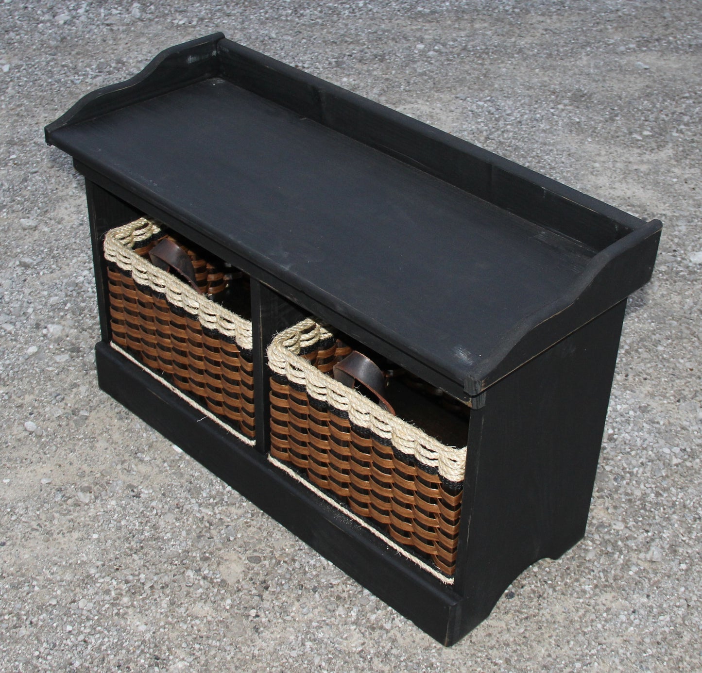 Bench--Distressed Small Wood Bench w/cubby baskets