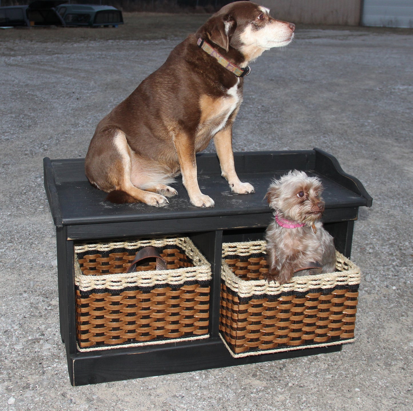 Bench--Distressed Small Wood Bench w/cubby baskets